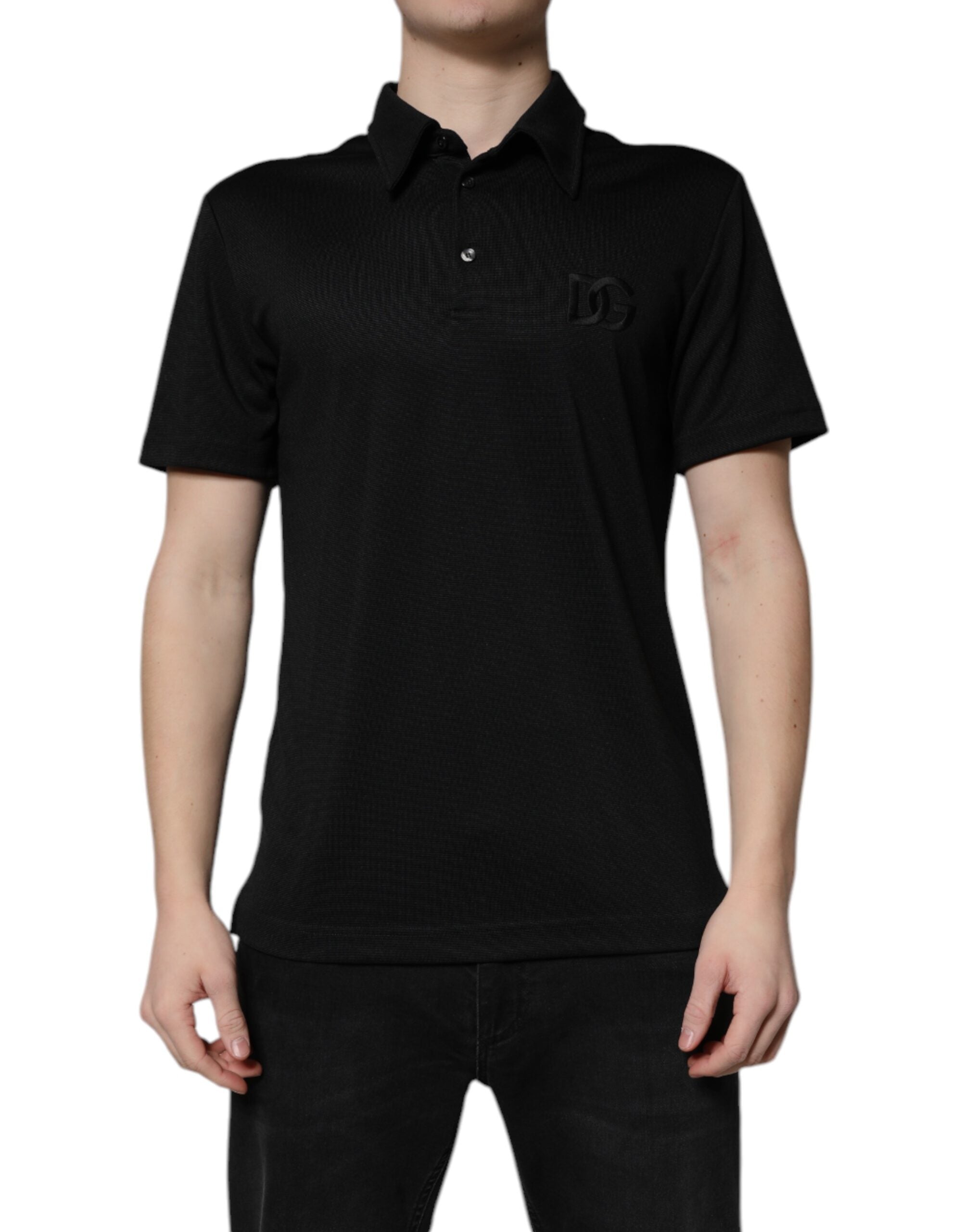 Dolce &amp; Gabbana – Schwarzes Polo-T-Shirt aus Polyester mit DG-Logo und Kragen
