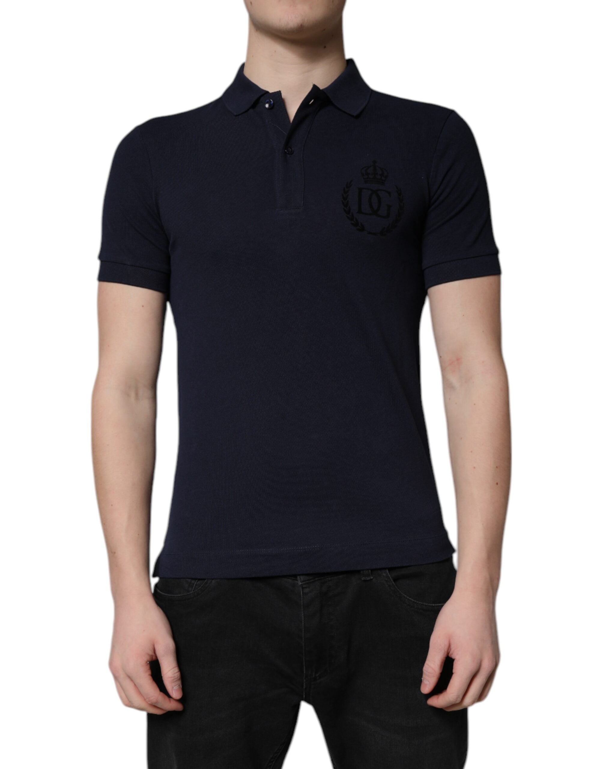 Dolce &amp; Gabbana – Dunkelblaues Poloshirt aus Baumwolle mit Kronenkragen