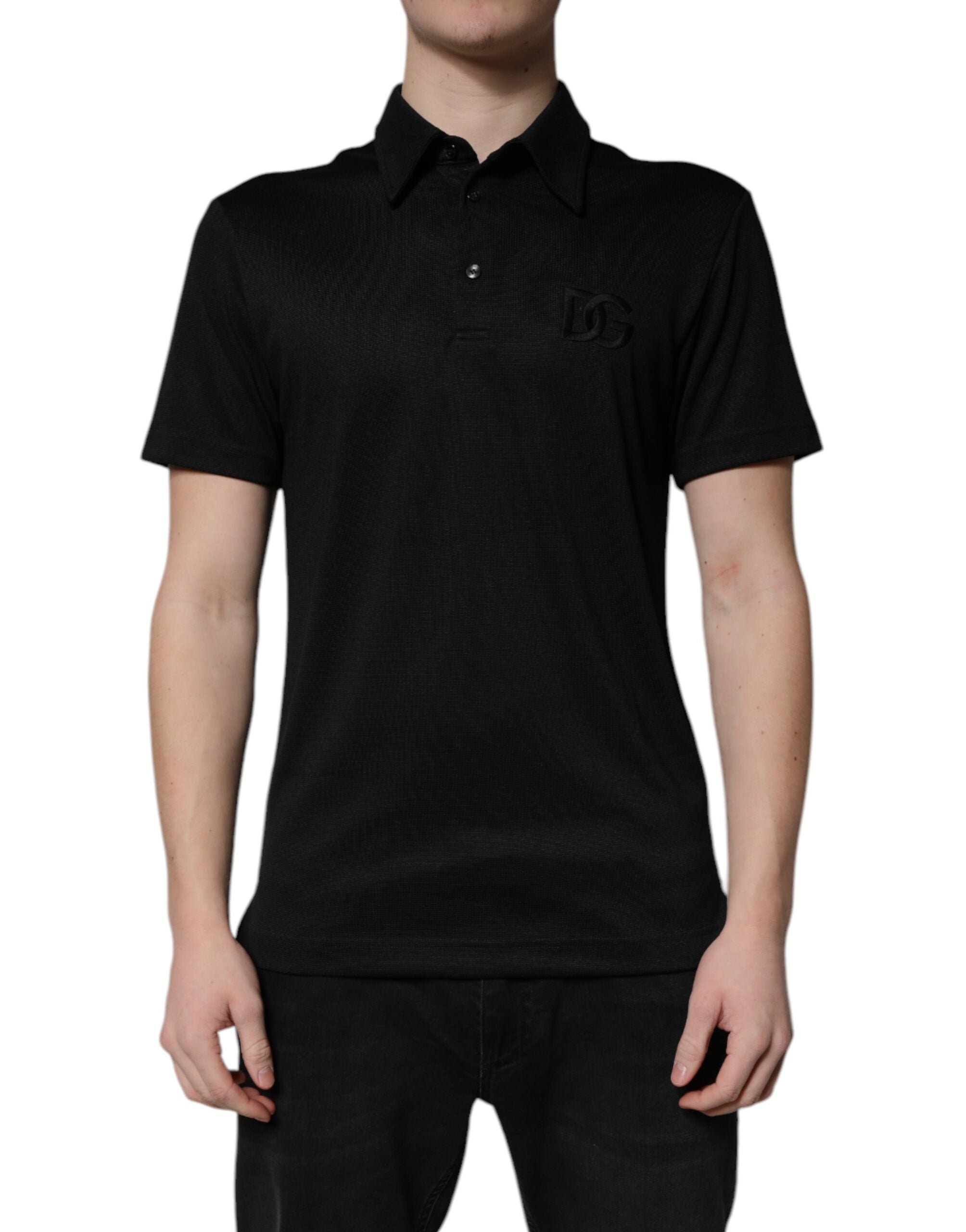 Dolce &amp; Gabbana – Schwarzes Polo-T-Shirt aus Polyester mit DG-Logo und Kragen