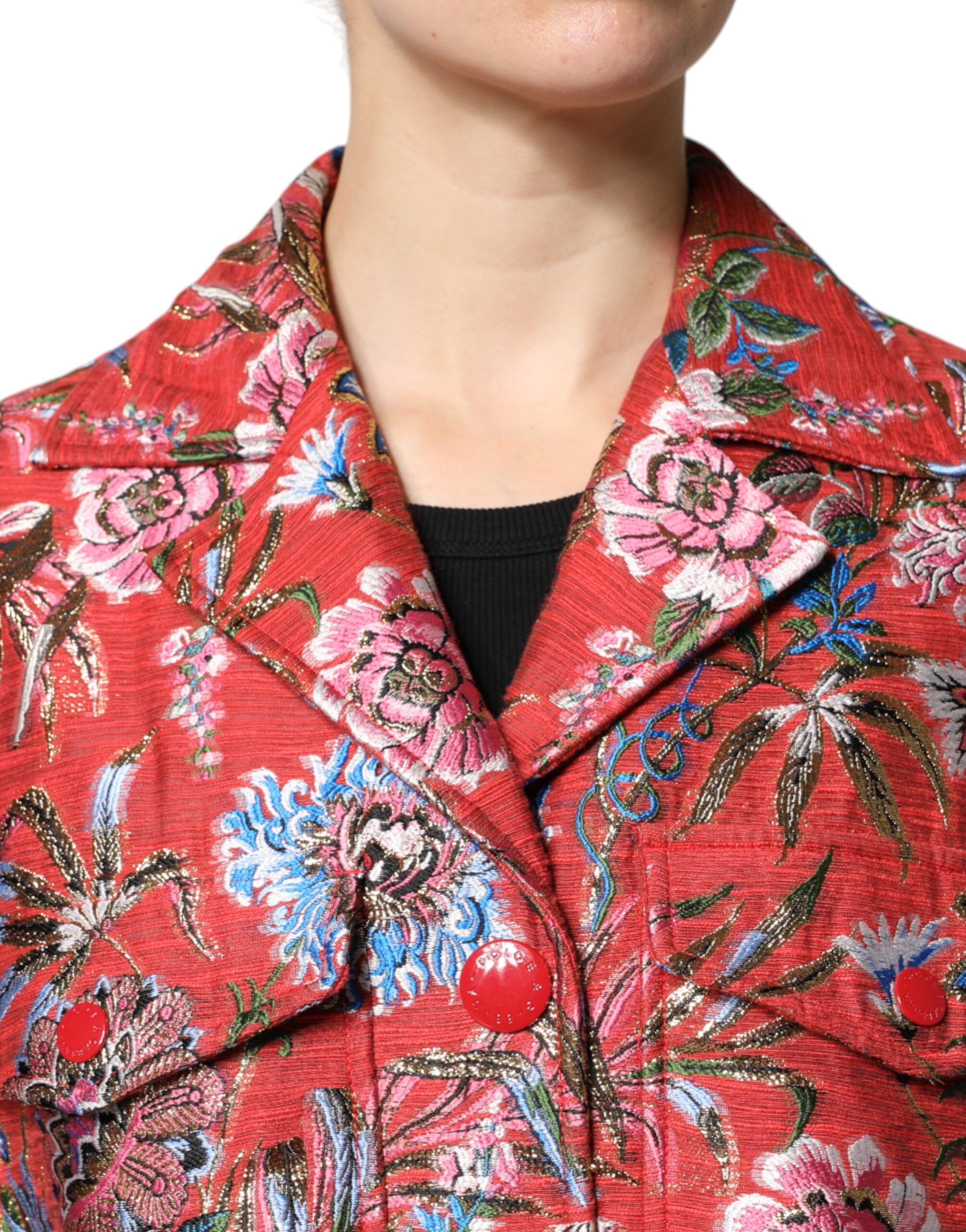 Dolce &amp; Gabbana – Rote Jacquard-Manteljacke mit Knopfleiste und Blumenmuster