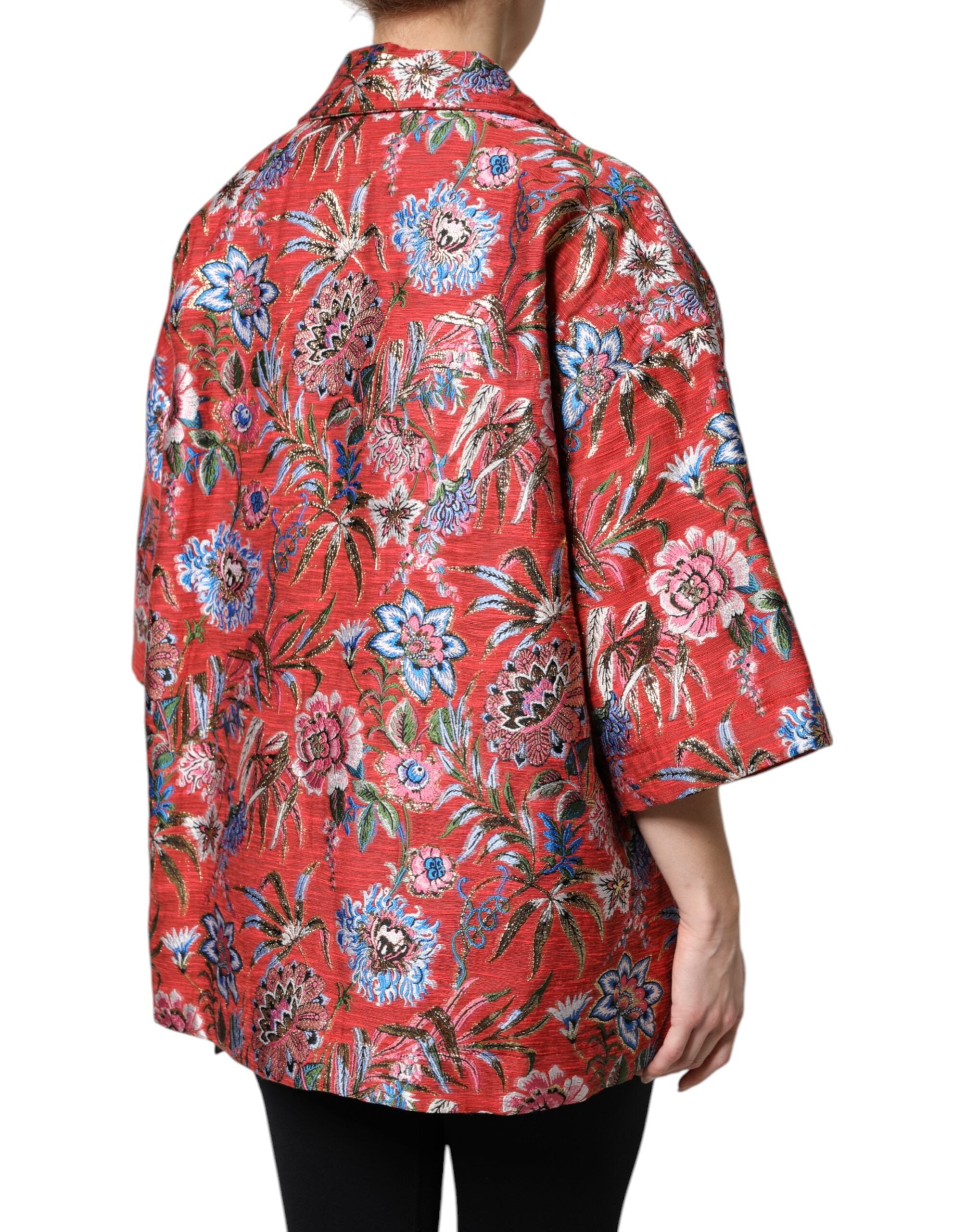 Dolce &amp; Gabbana – Rote Jacquard-Manteljacke mit Knopfleiste und Blumenmuster