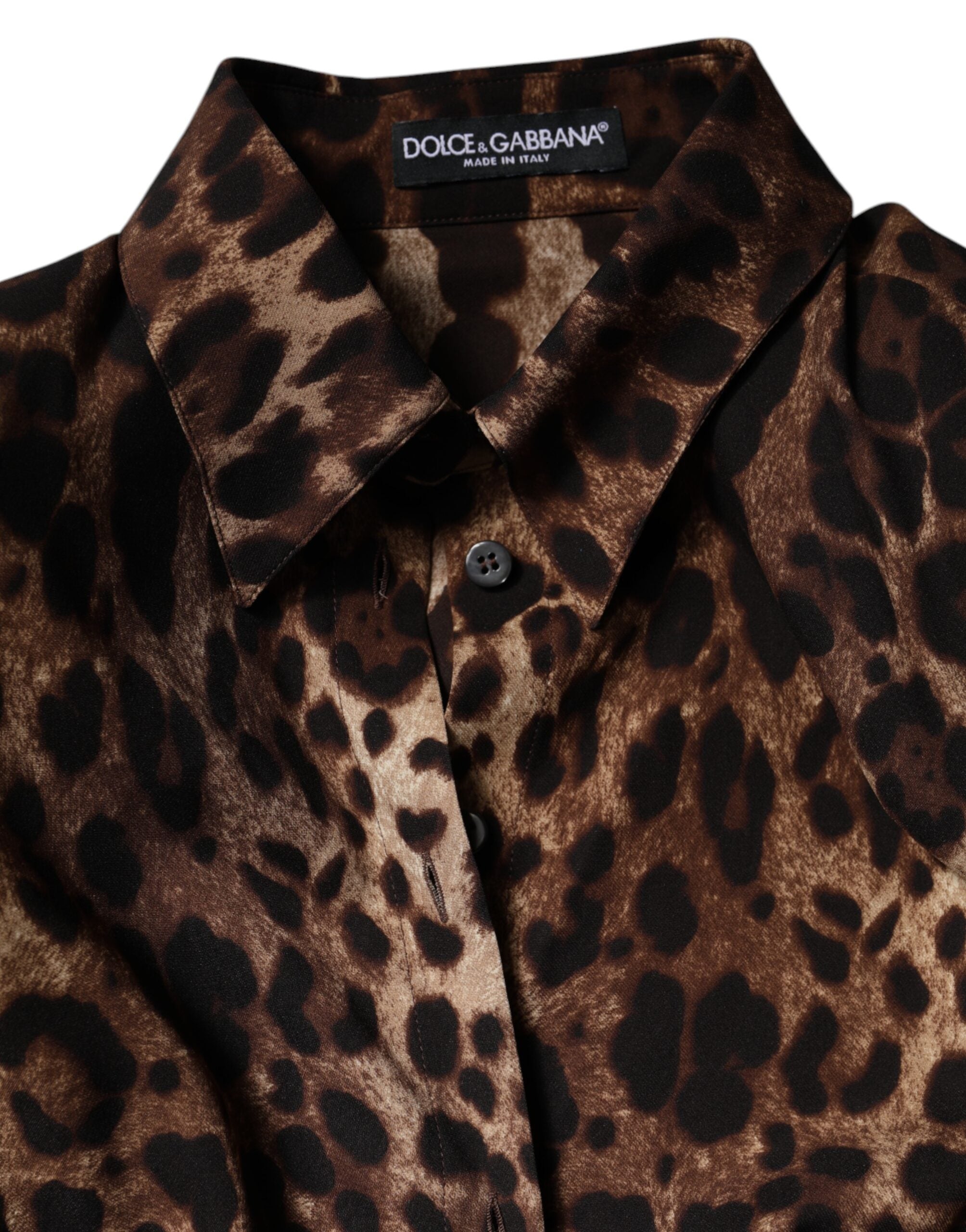 Dolce &amp; Gabbana – Braune Seidenmanteljacke mit Leopardenmuster und Knöpfen