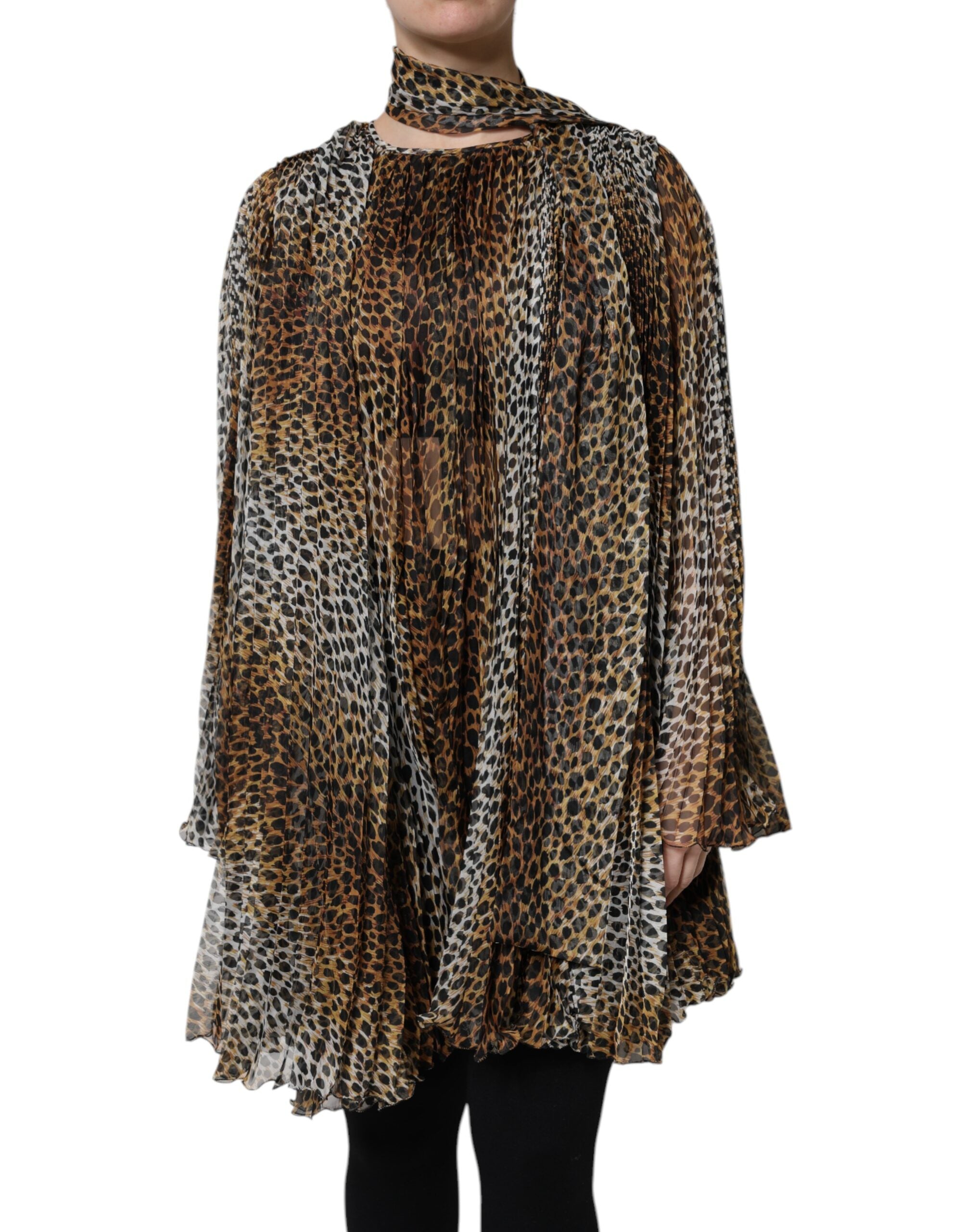 Rochie Dolce &amp; Gabbana maro din șifon cu imprimeu leopard și guler eșarfă