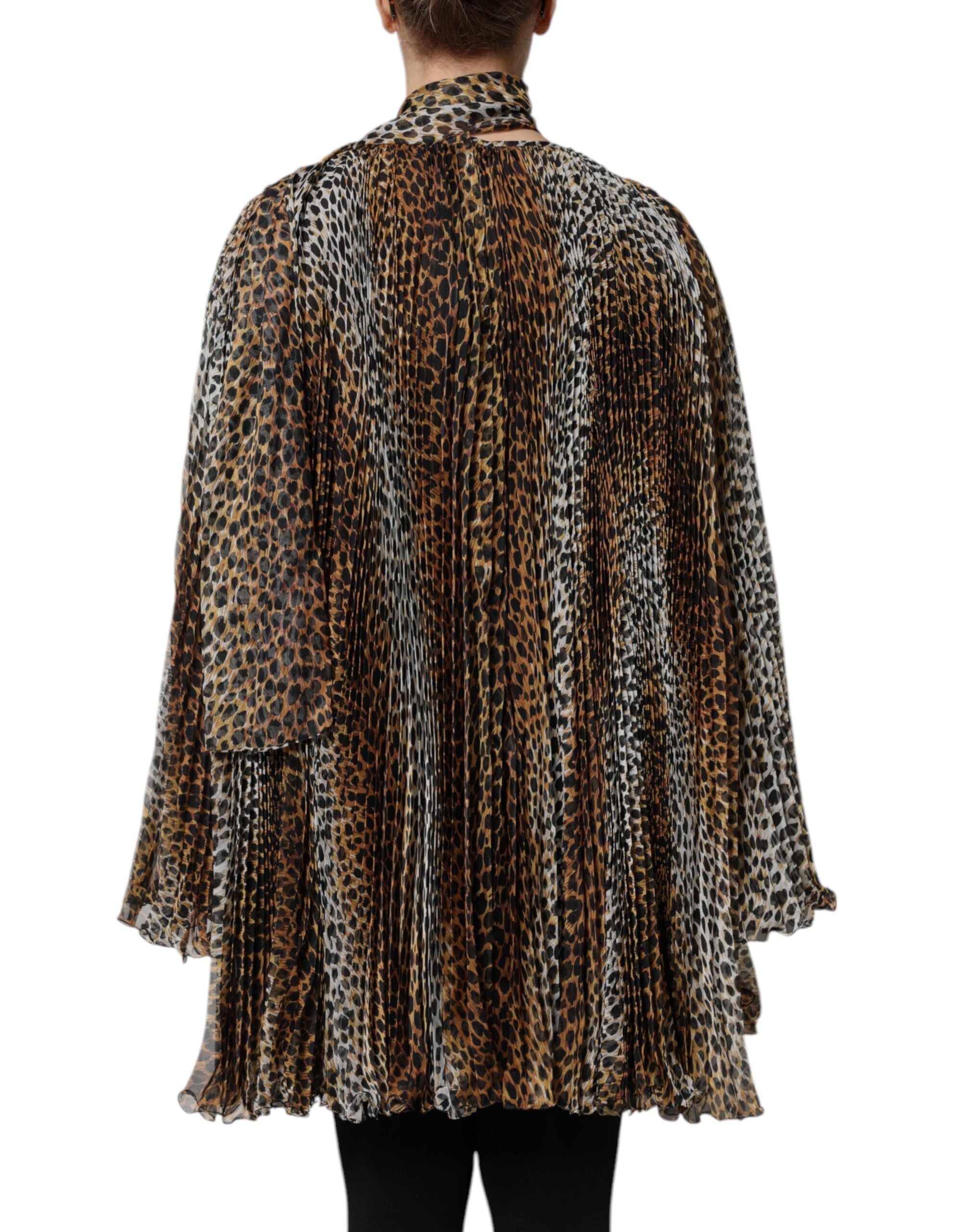 Dolce &amp; Gabbana – Braunes Chiffonkleid mit Schalkragen und Leopardenmuster