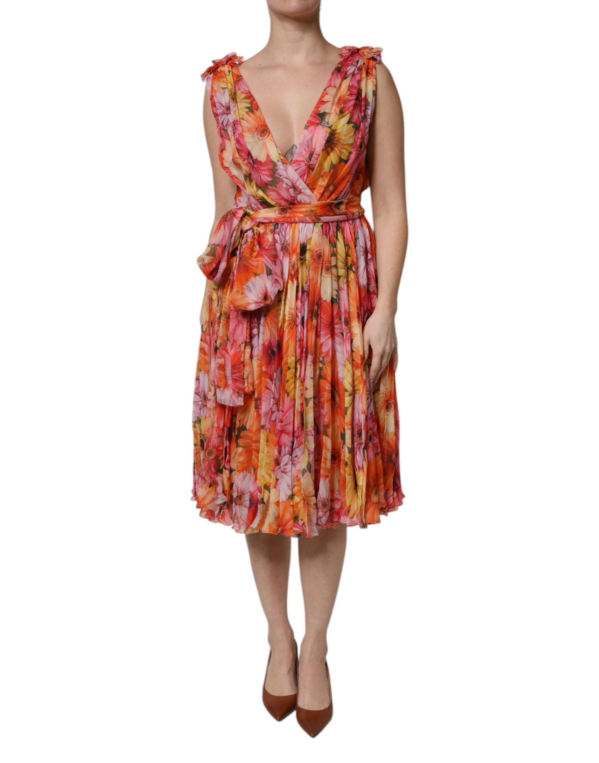 Rochie Dolce &amp; Gabbana din șifon cu decolteu în V și mătase florală multicoloră