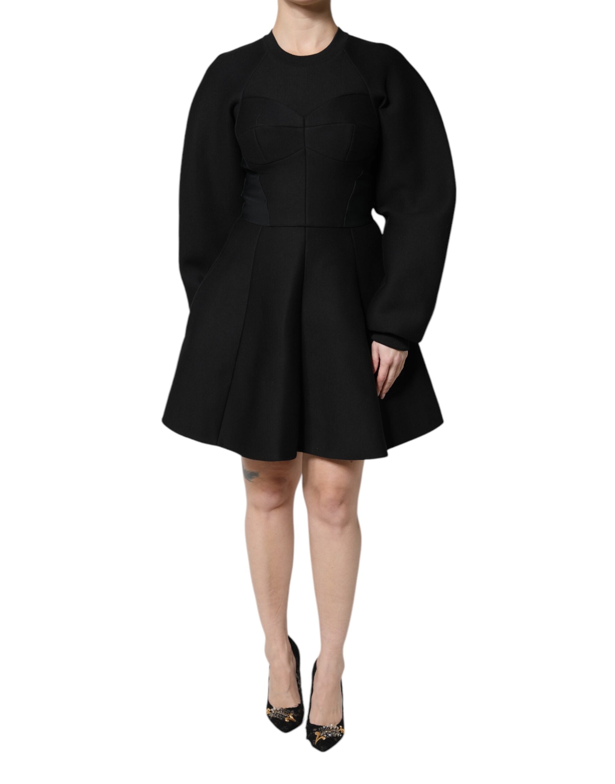 Rochie mini Dolce &amp; Gabbana neagră din bumbac, cu mâneci lungi și linie A
