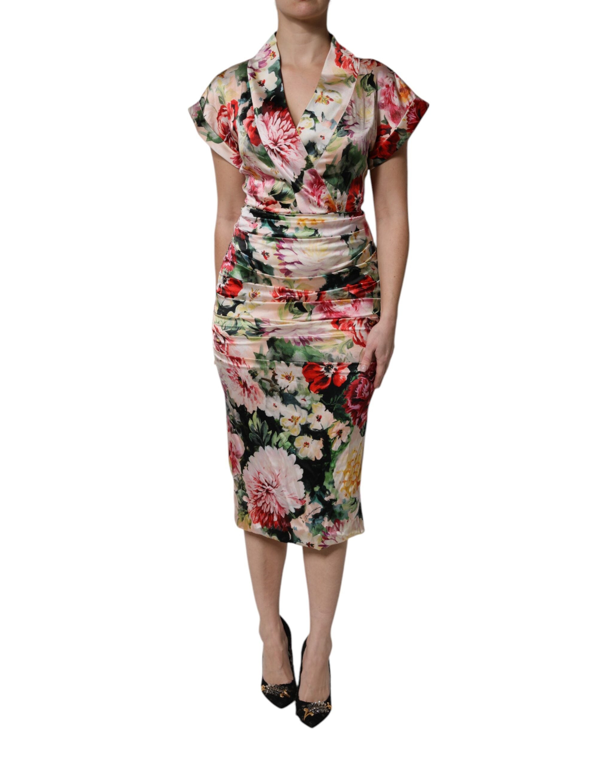 Rochie midi cu imprimeu floral multicolor și mâneci scurte Dolce &amp; Gabbana