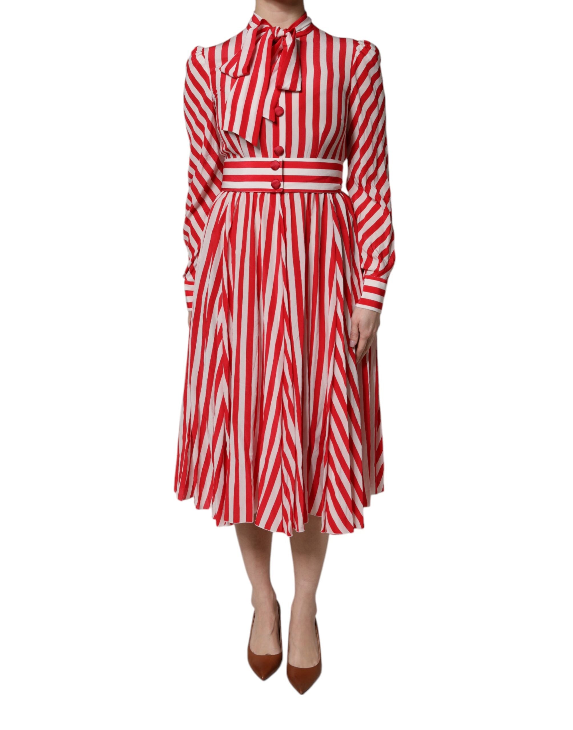 Rochie midi cu mâneci lungi și dungi albe și roșii Dolce &amp; Gabbana