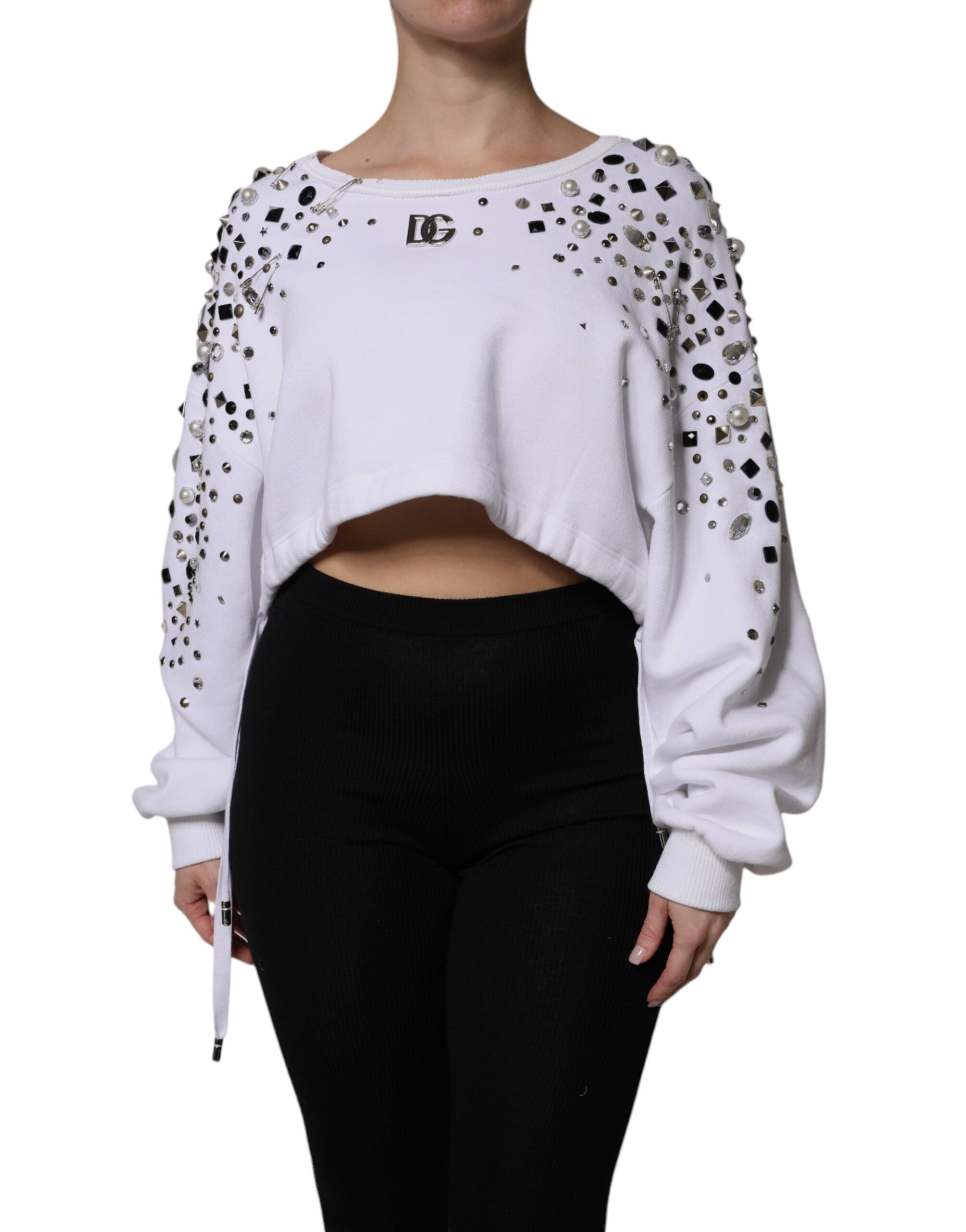 Dolce &amp; Gabbana – Weißer, verzierter, langärmliger Kurzpullover