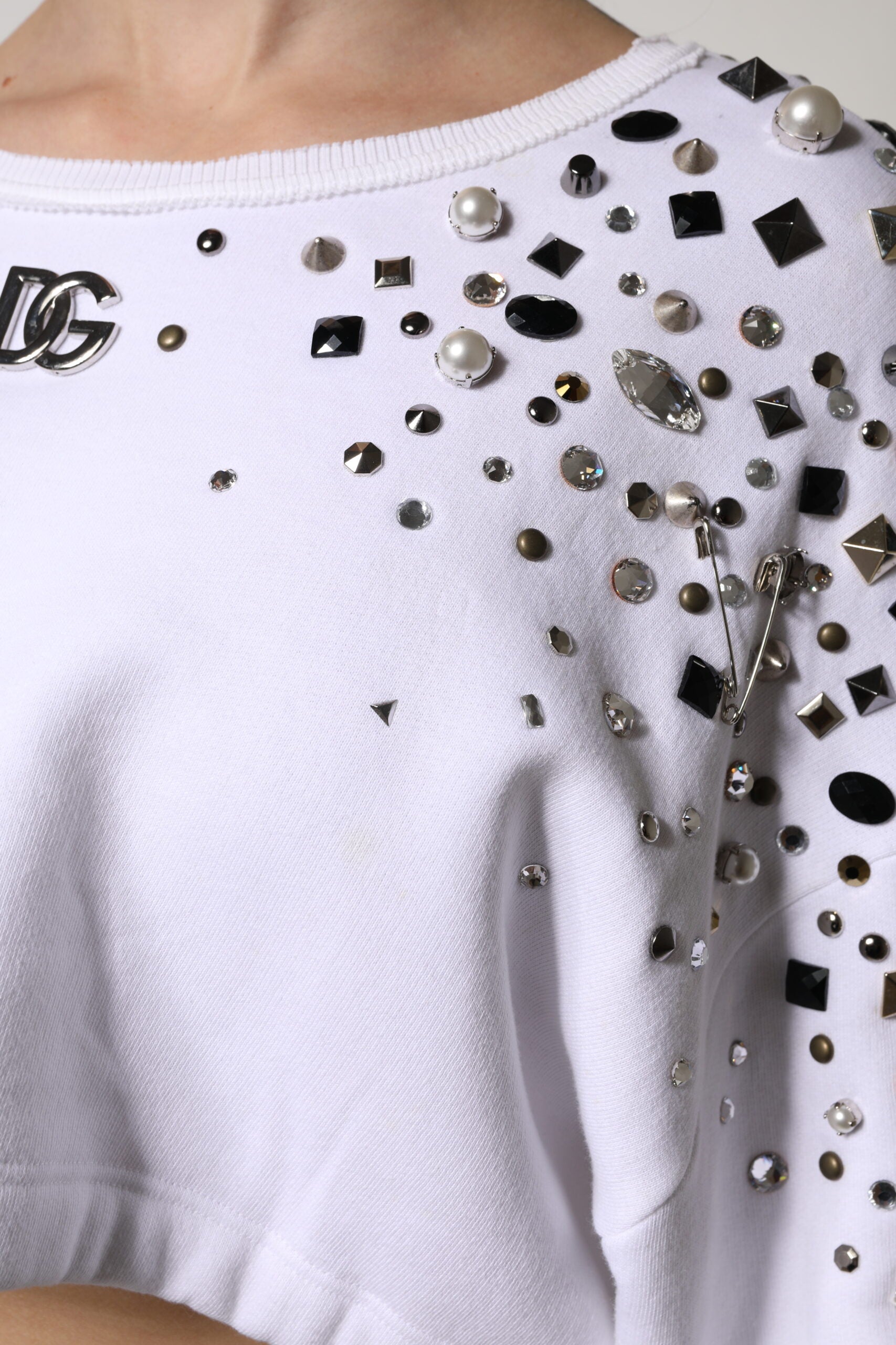Dolce &amp; Gabbana – Weißer, verzierter, langärmliger Kurzpullover
