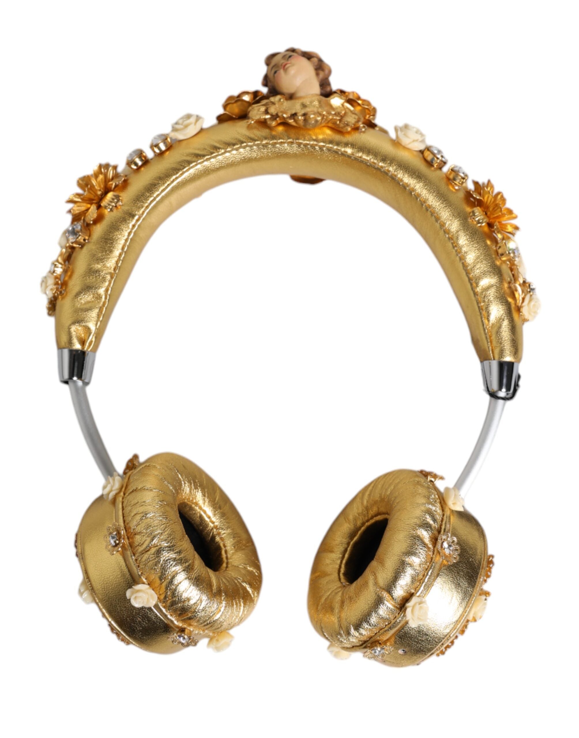 Căști Dolce &amp; Gabbana din piele aurie cu model floral și cristal Angel