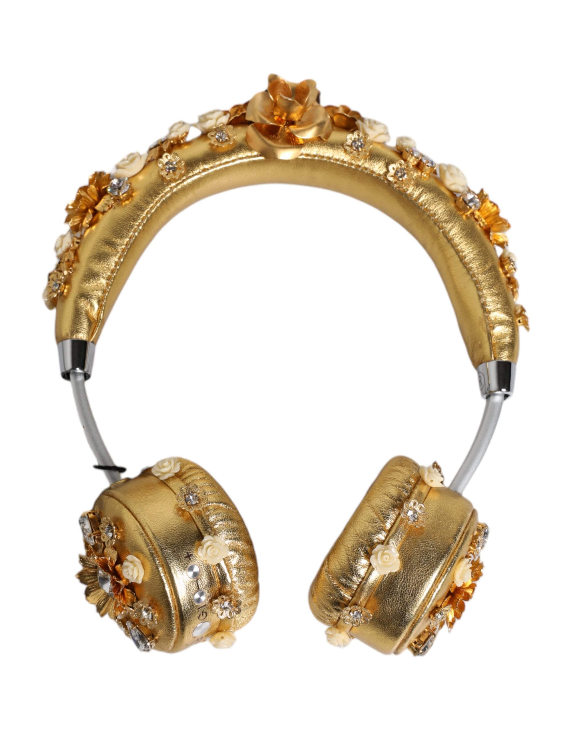 Căști Dolce &amp; Gabbana din piele aurie cu model floral și cristal Angel