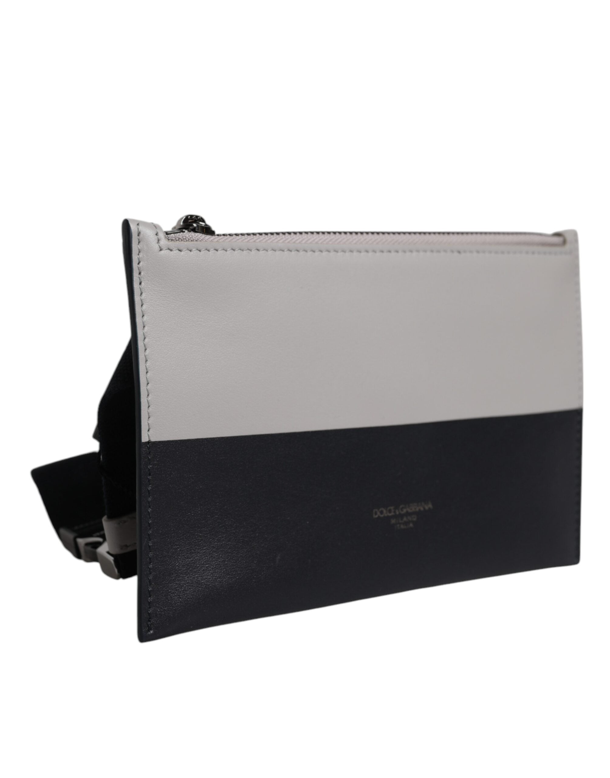 Dolce &amp; Gabbana Geantă crossbody din piele neagră și albă cu logo în relief