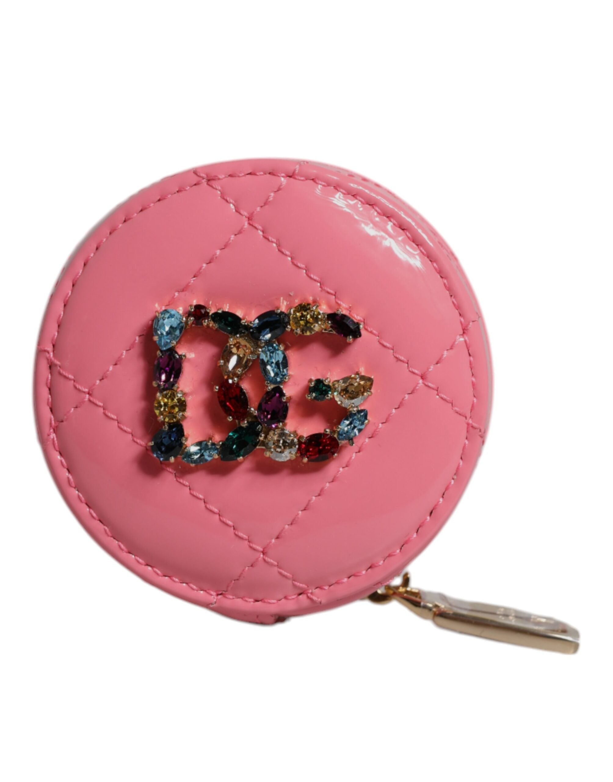 Portofel rotund Dolce &amp; Gabbana din piele de miel roz cu cristale DG