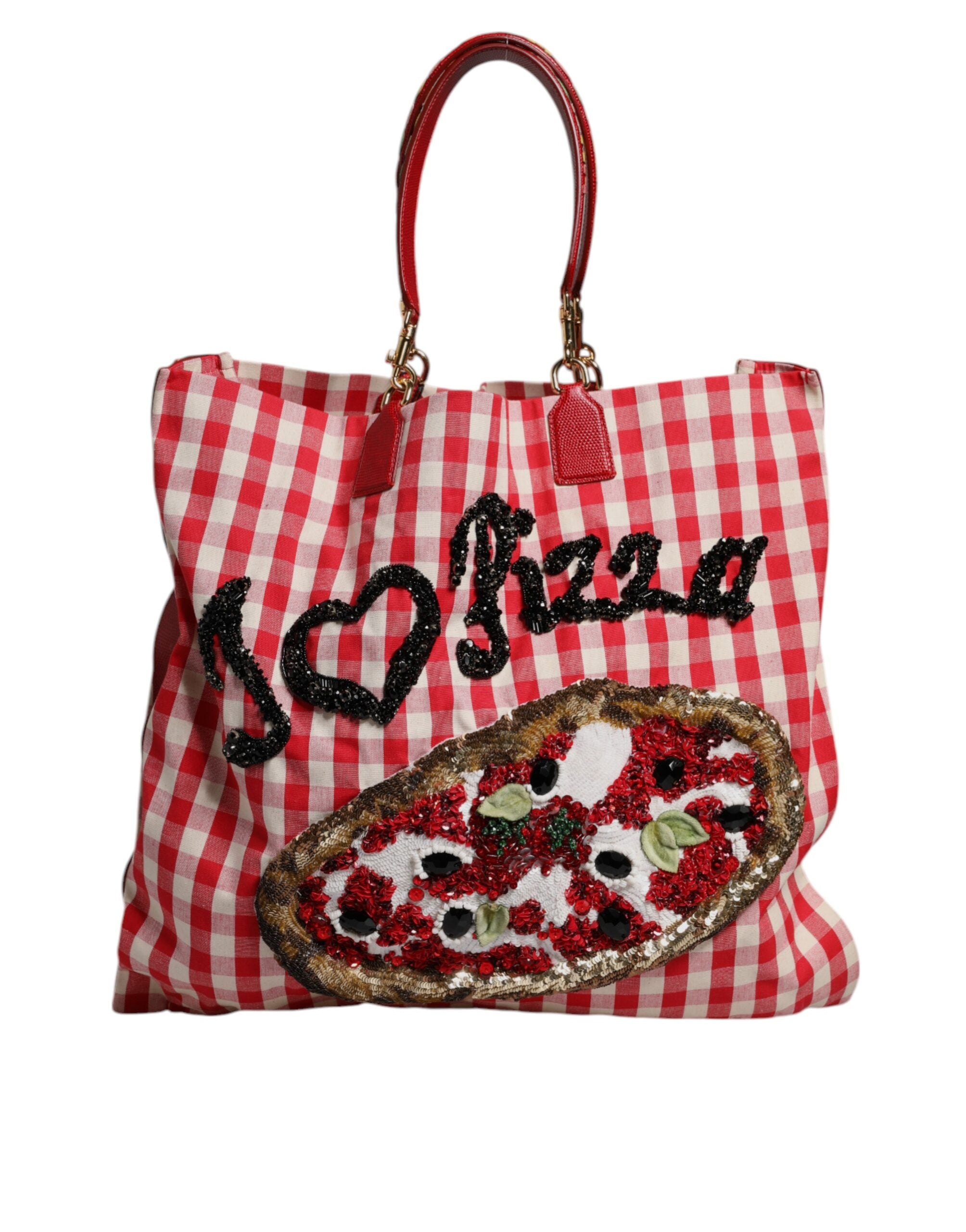 Dolce &amp; Gabbana Geantă de cumpărături din bumbac cu carouri roșii și ornamentate