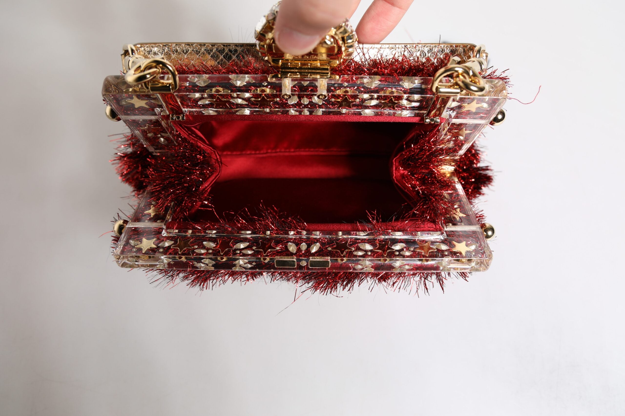 Geantă de seară Dolce &amp; Gabbana cu lanț roșu auriu VANDA și cristale Tinsel