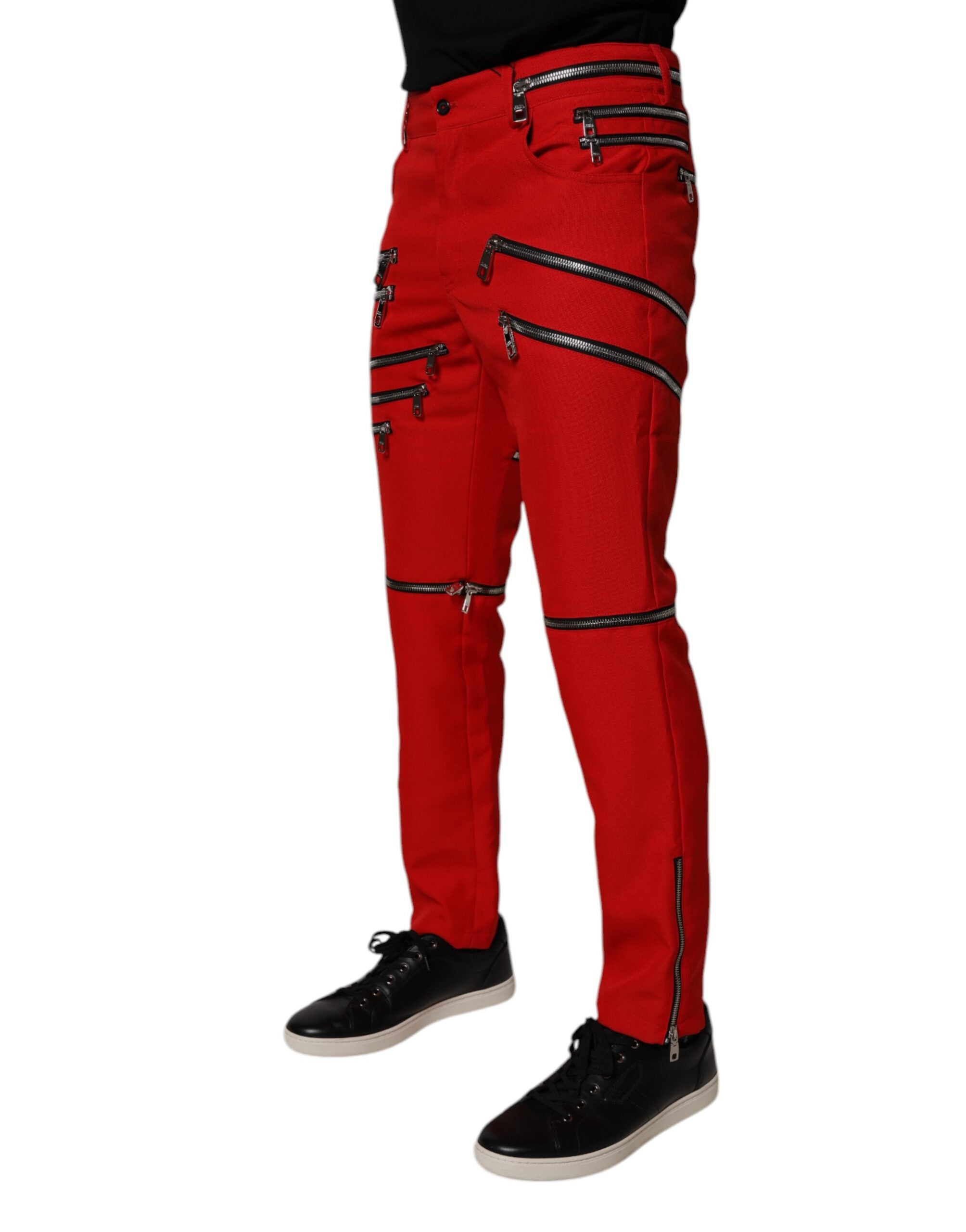 Dolce &amp; Gabbana – Rote, gerade Hose mit Reißverschluss und Verzierung