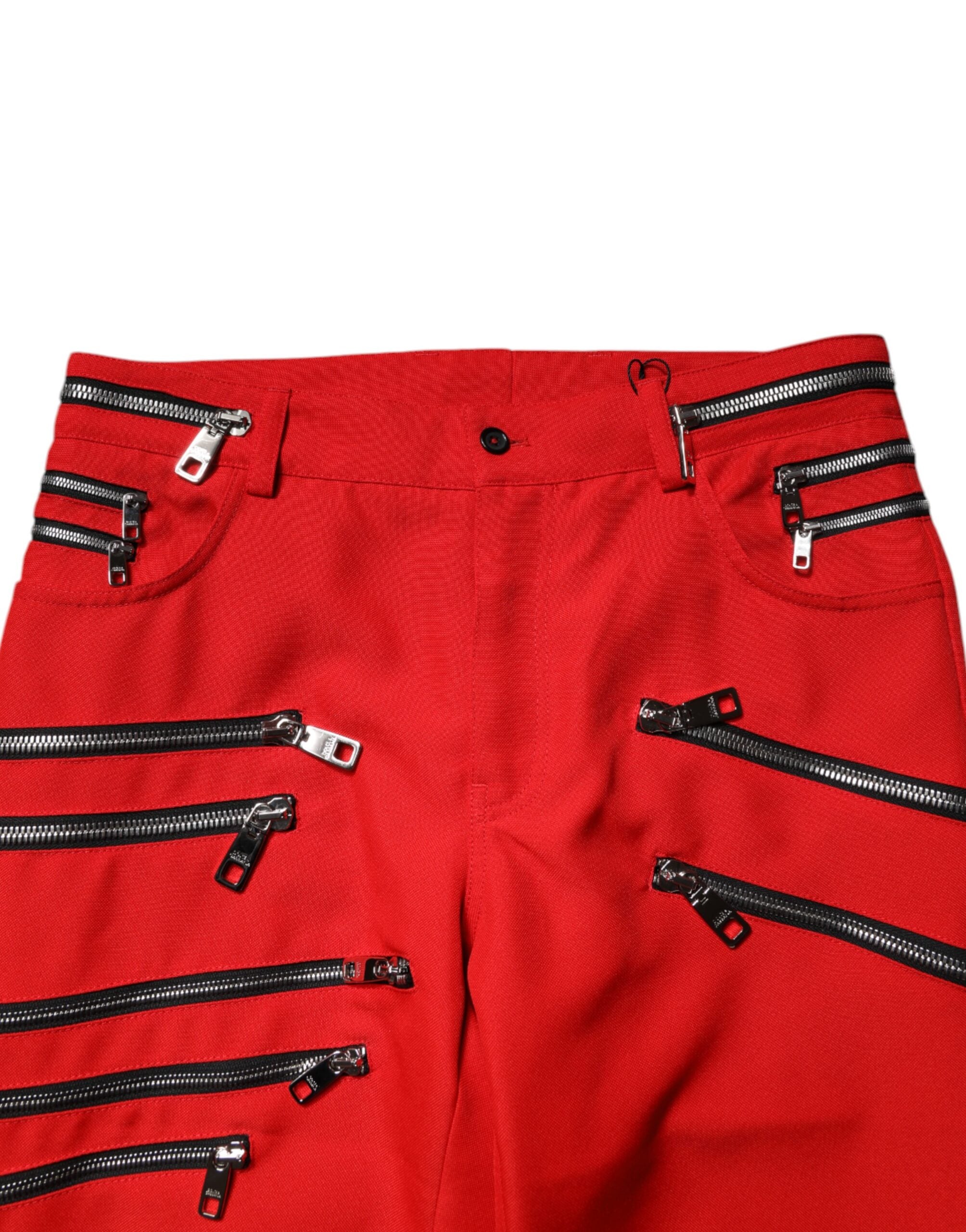 Dolce &amp; Gabbana – Rote, gerade Hose mit Reißverschluss und Verzierung