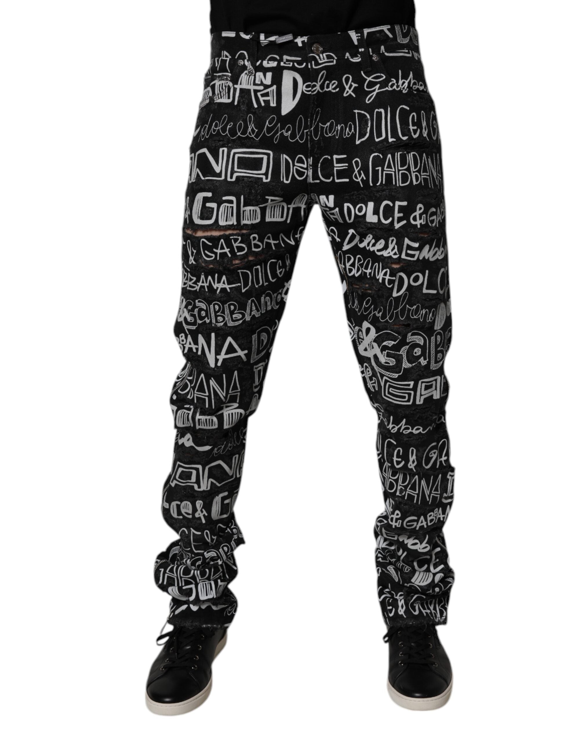 Blugi drepți din denim Dolce &amp; Gabbana negri din bumbac cu imprimeu cu logo