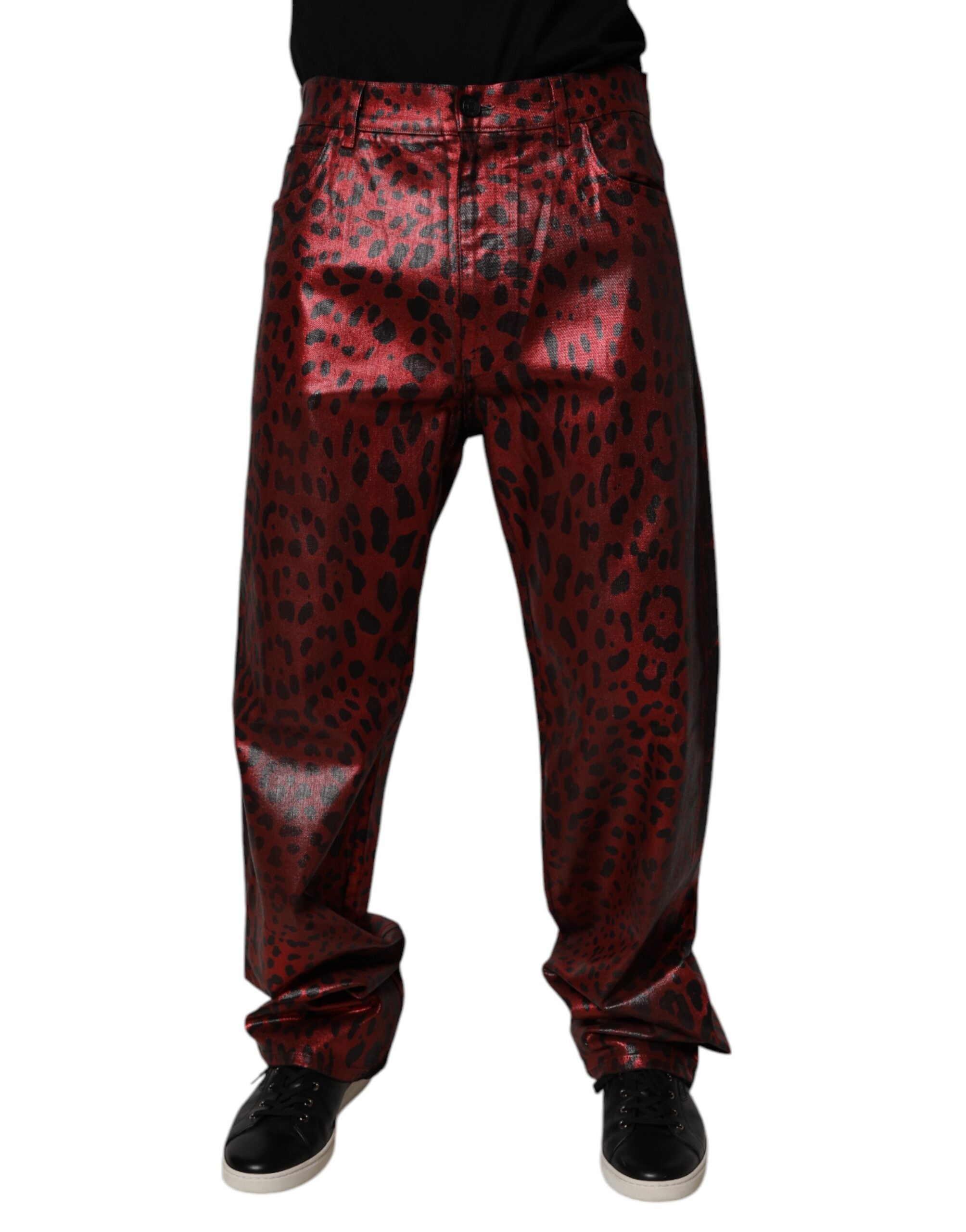 Blugi Dolce &amp; Gabbana cu imprimeu leopard roșu și drept din bumbac pentru bărbați