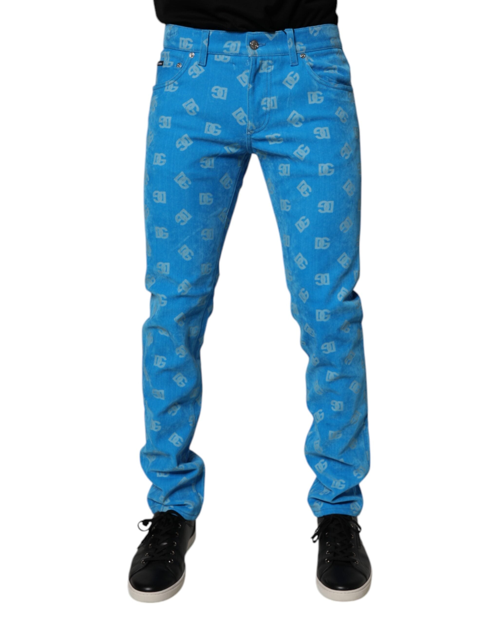Blugi skinny din denim cu monogramă și logo albastru Dolce &amp; Gabbana