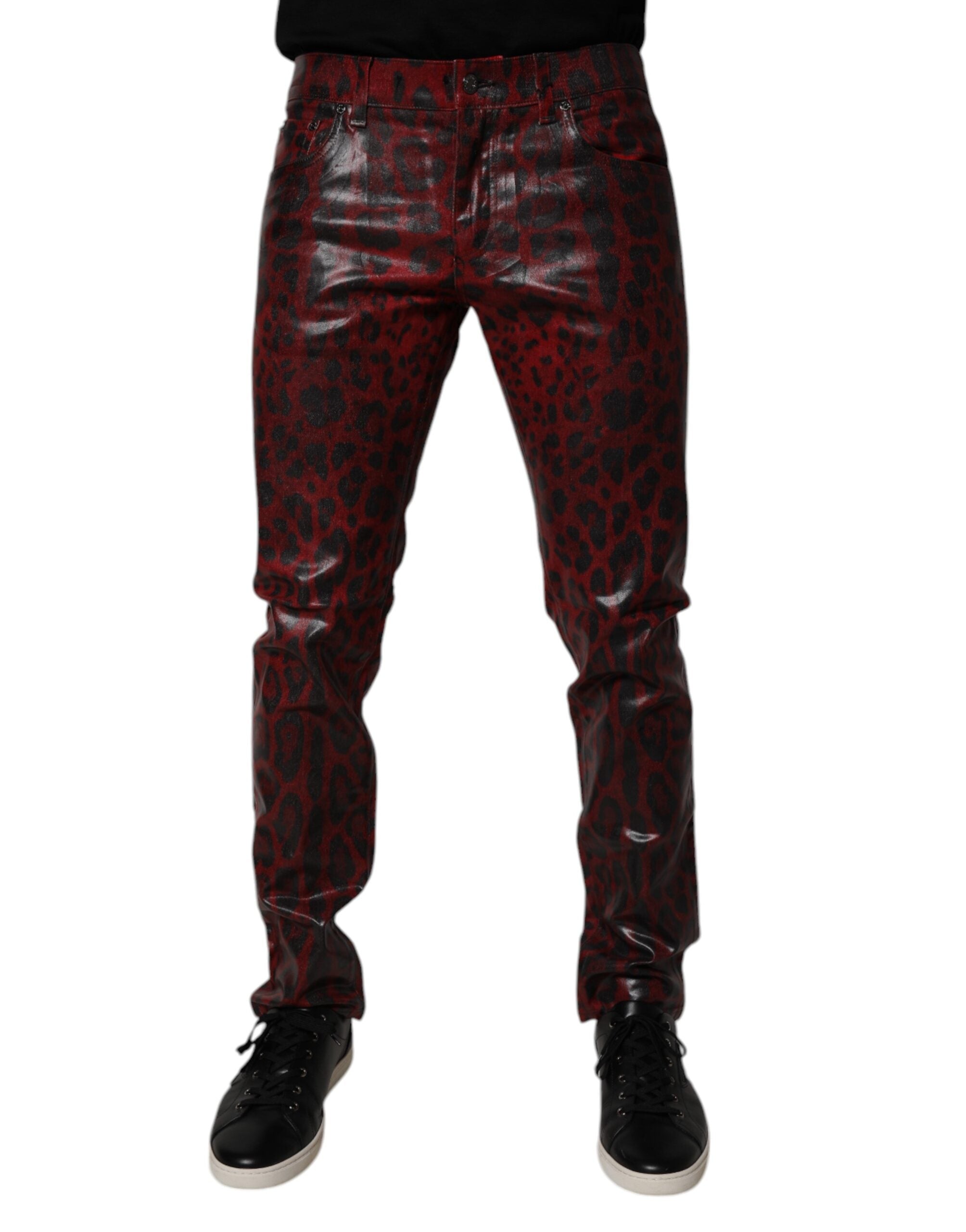 Blugi skinny din bumbac cu imprimeu leopard roșu pentru bărbați Dolce &amp; Gabbana