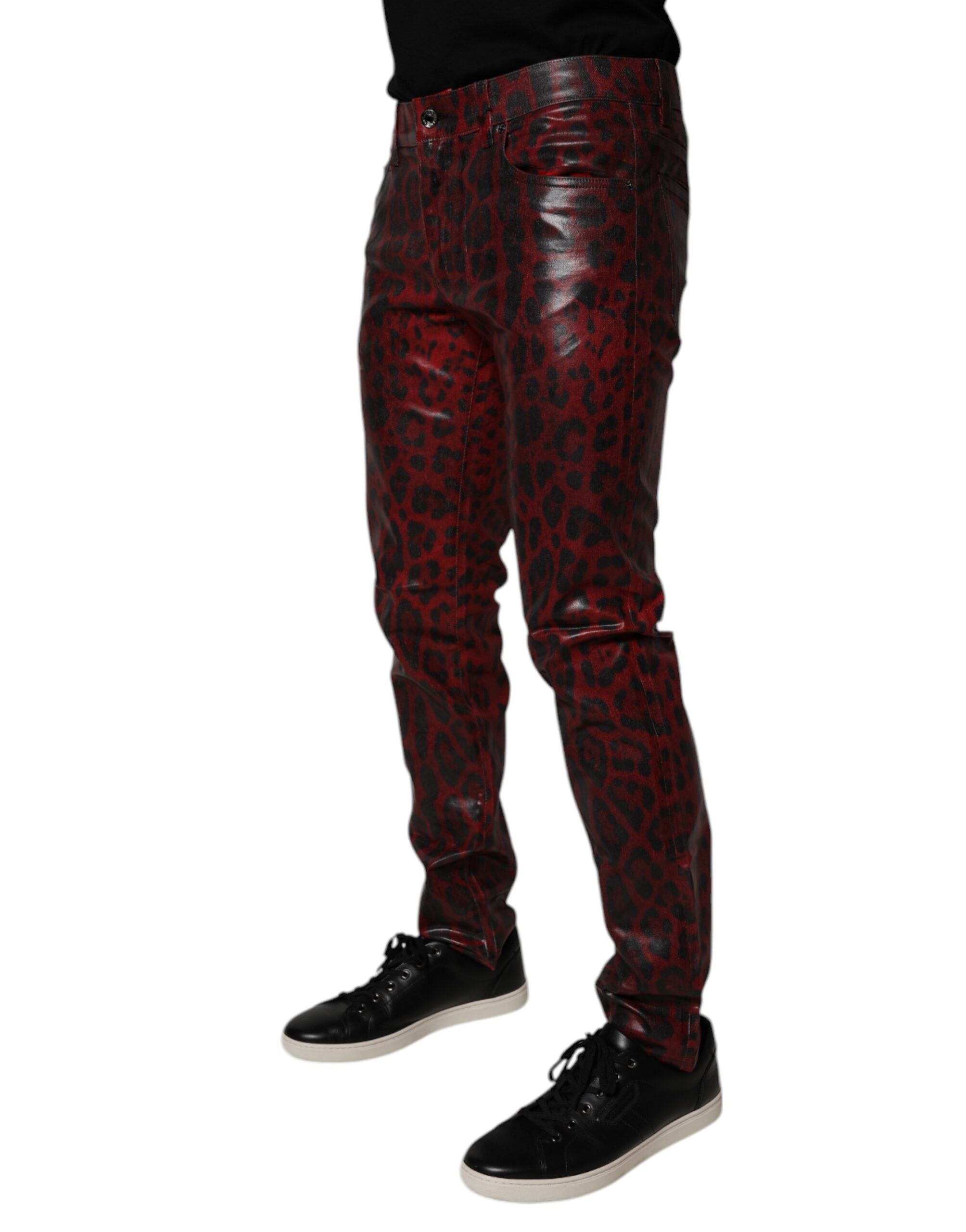Blugi skinny din bumbac cu imprimeu leopard roșu pentru bărbați Dolce &amp; Gabbana