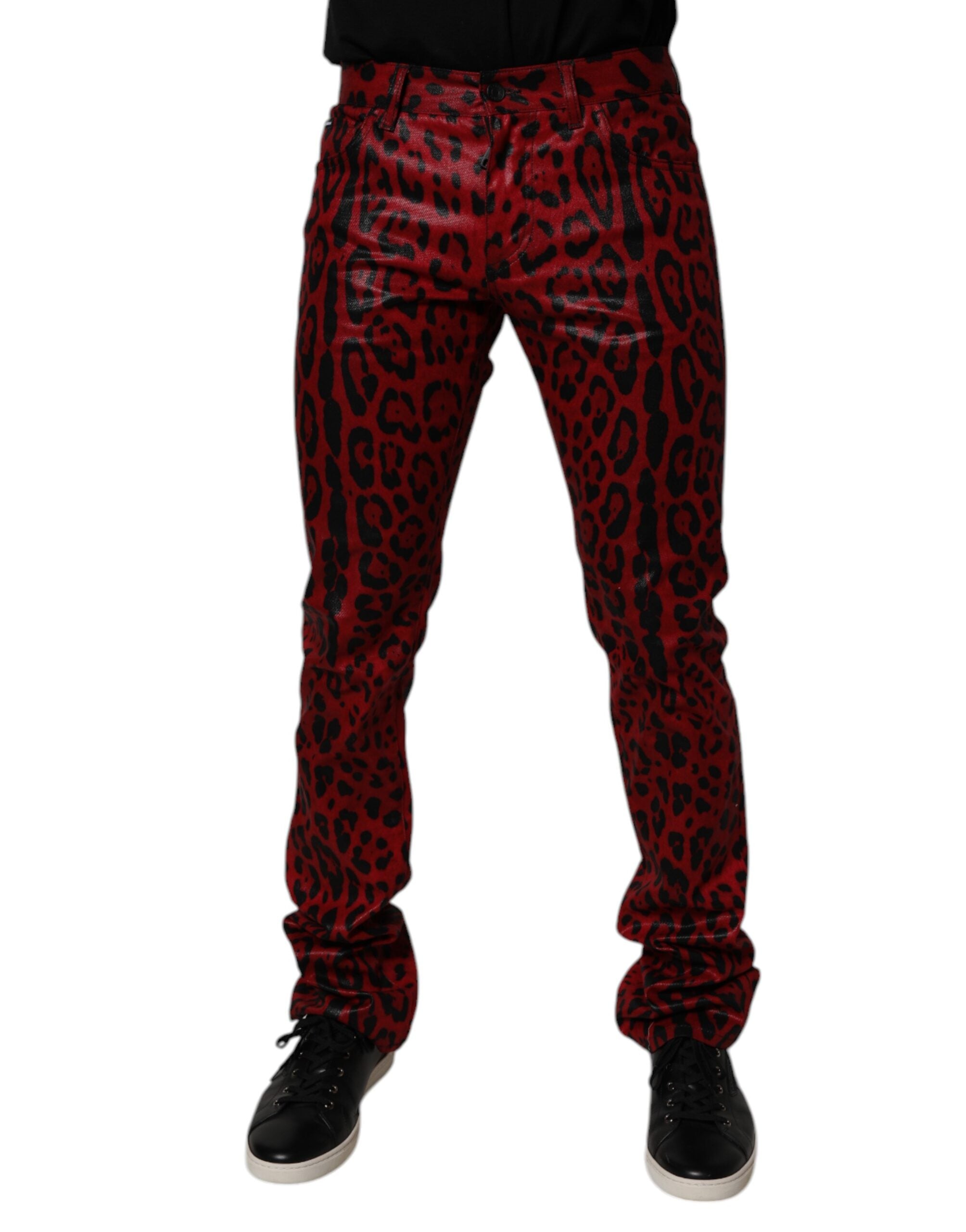 Blugi Dolce &amp; Gabbana roșii cu imprimeu leopard din bumbac, croială slim fit