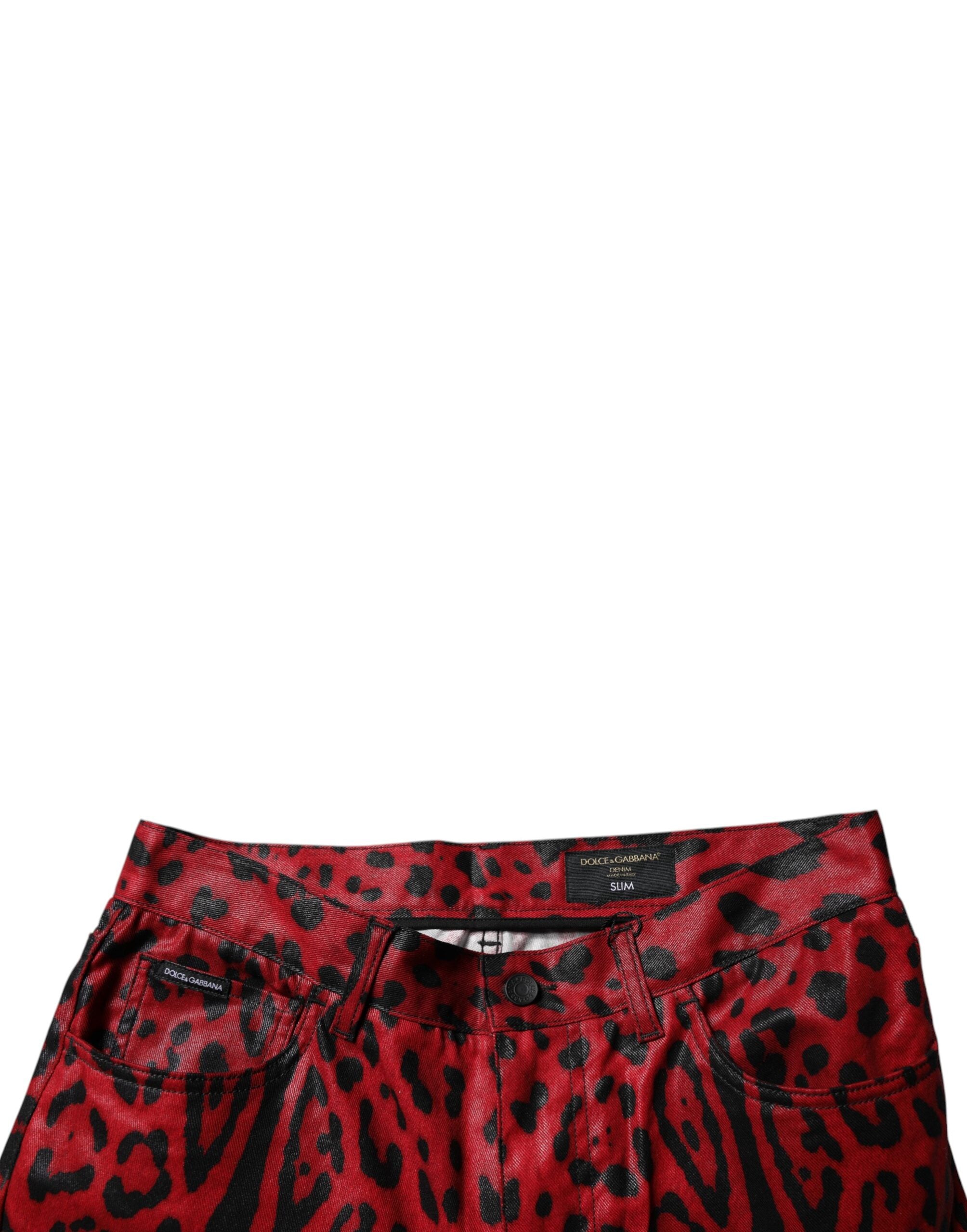 Dolce &amp; Gabbana – Slim Fit-Jeans aus Baumwolle mit Leopardenmuster in Rot