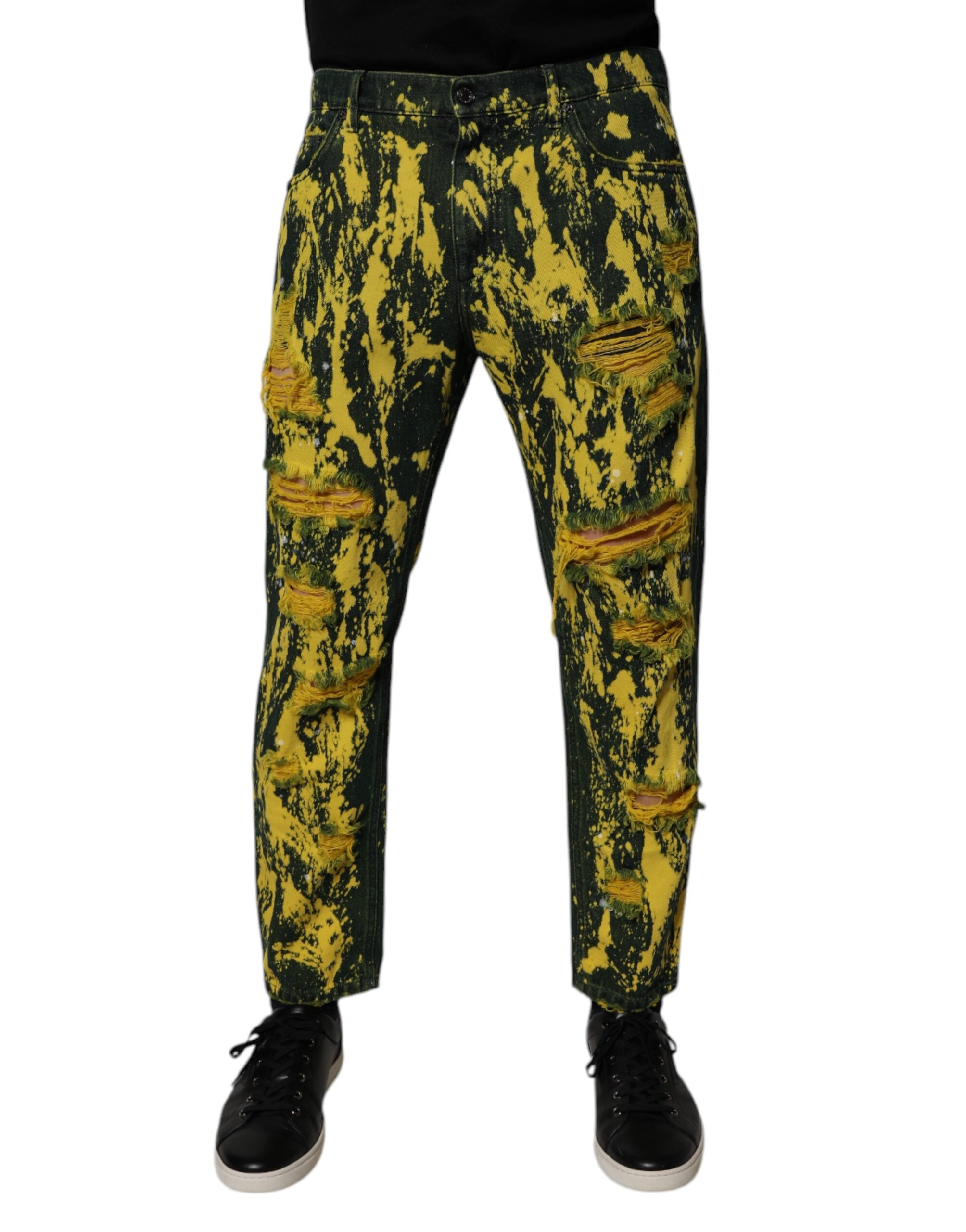 Blugi skinny Dolce &amp; Gabbana negri, galbeni, vopsiți în stil tie-dye pentru bărbați