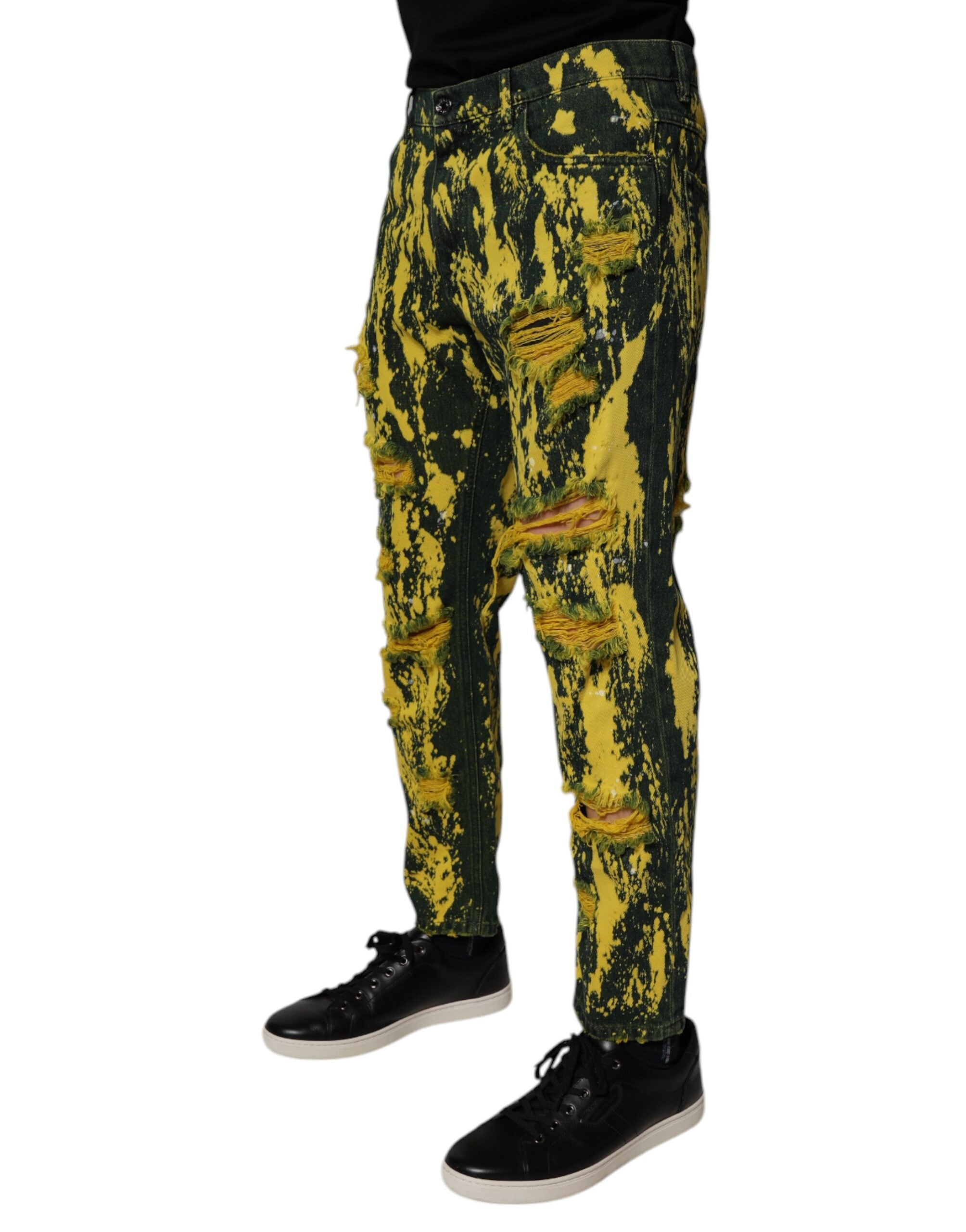 Blugi skinny Dolce &amp; Gabbana negri, galbeni, vopsiți în stil tie-dye pentru bărbați