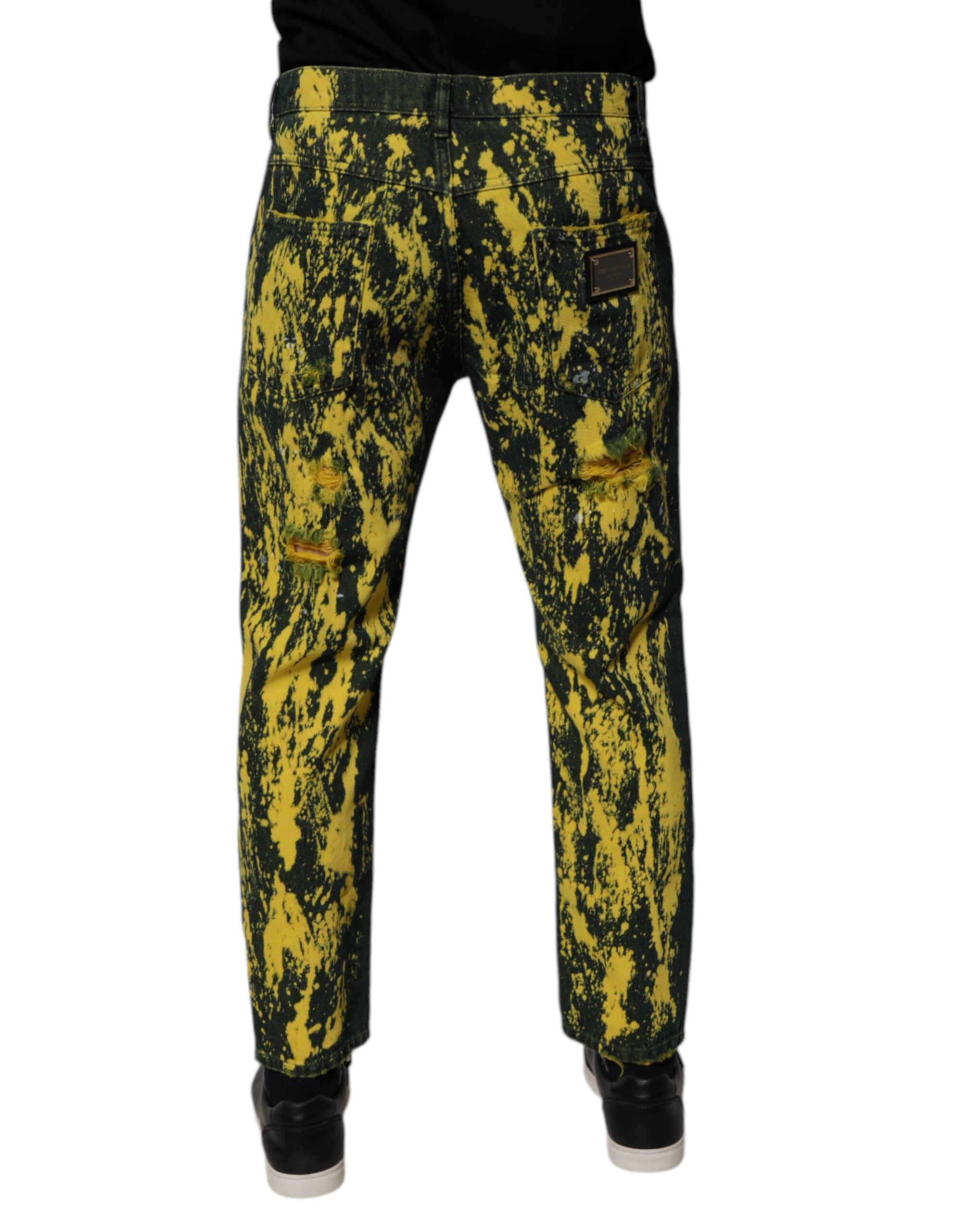Blugi skinny Dolce &amp; Gabbana negri, galbeni, vopsiți în stil tie-dye pentru bărbați