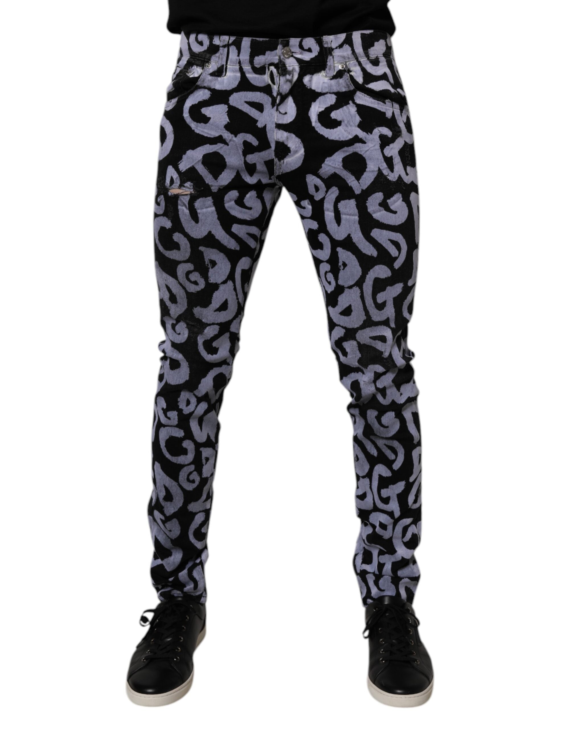 Blugi skinny din denim cu monogramă și logo negru Dolce &amp; Gabbana