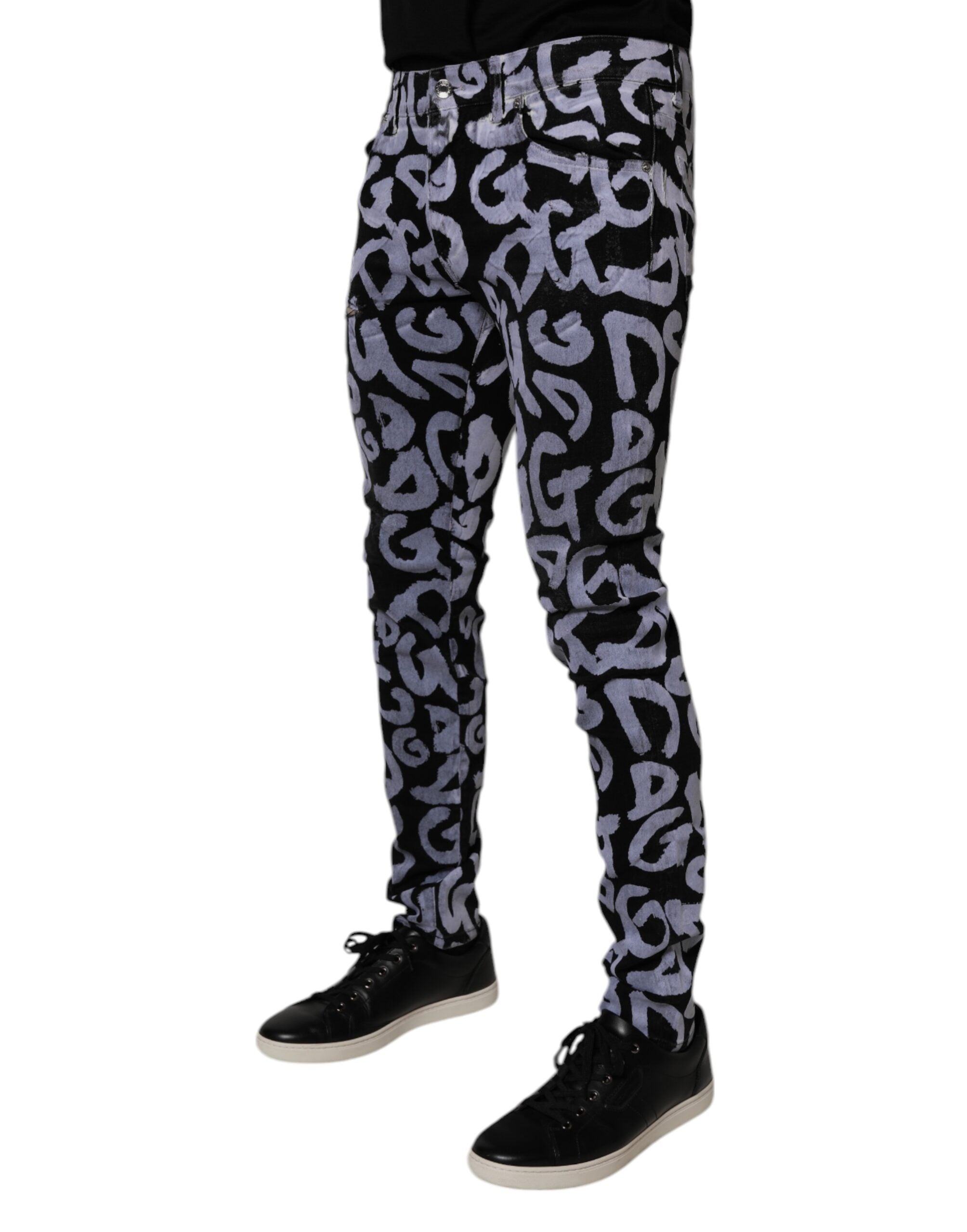 Blugi skinny din denim cu monogramă și logo negru Dolce &amp; Gabbana