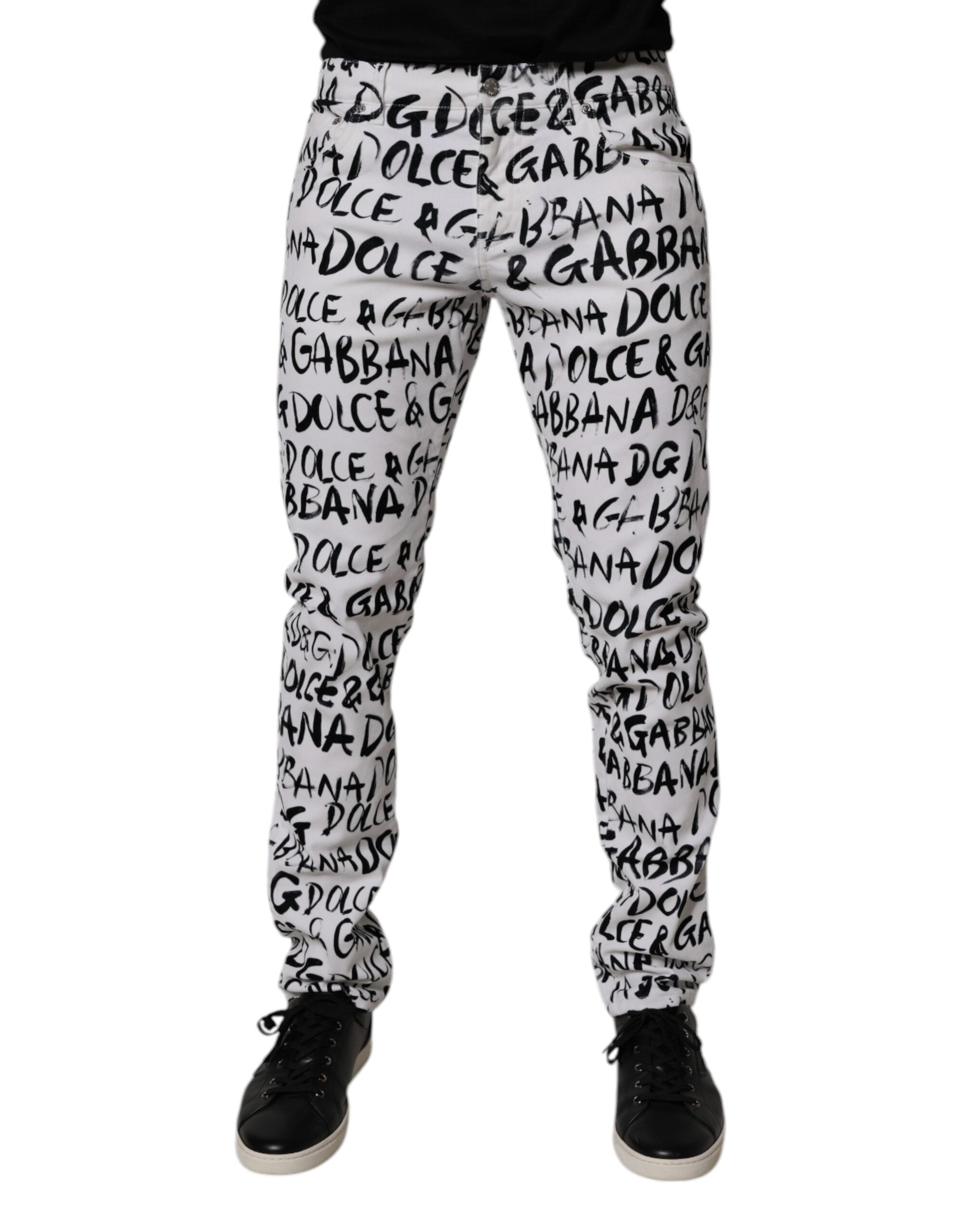 Blugi skinny din denim cu imprimeu logo din bumbac alb Dolce &amp; Gabbana