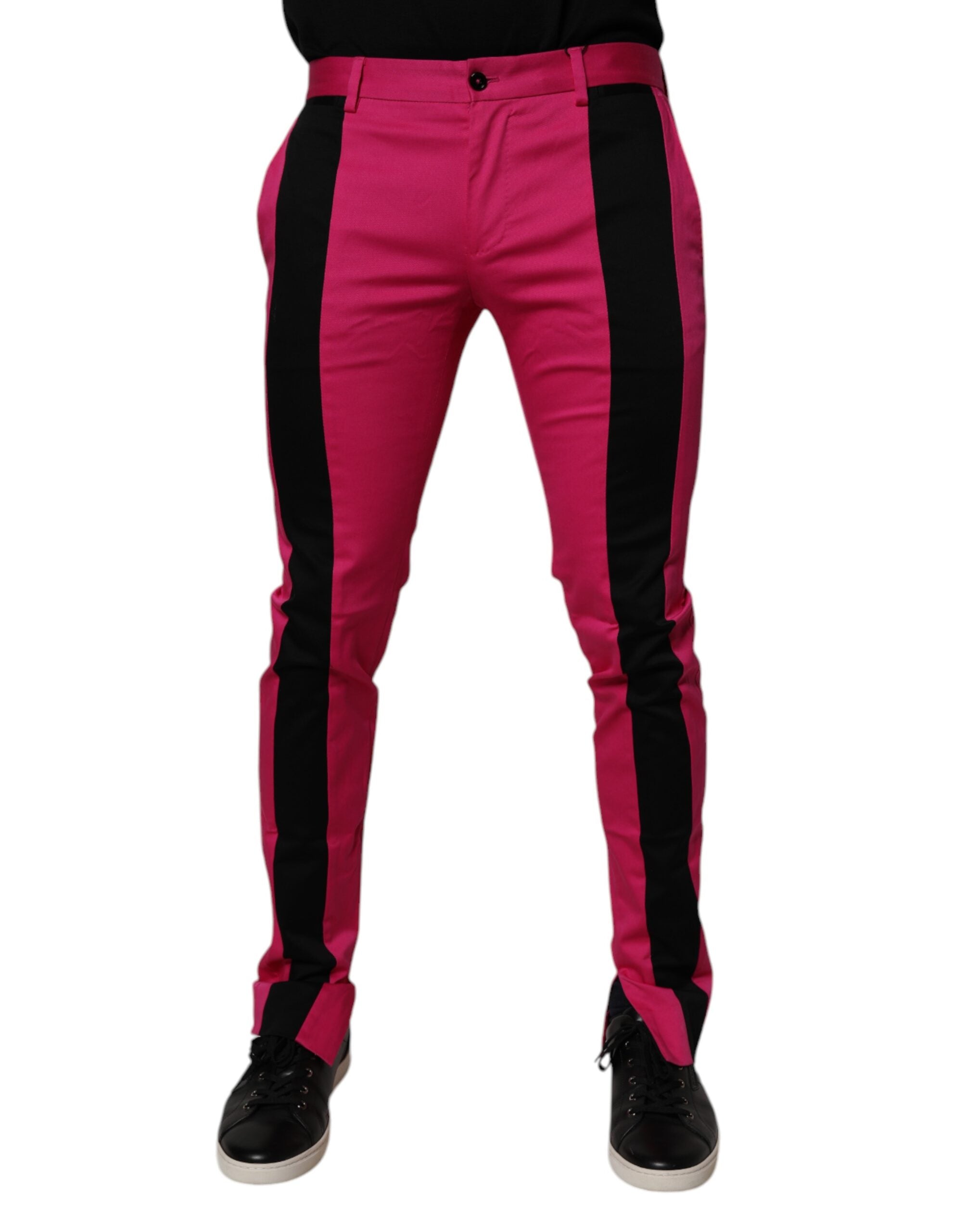 Dolce &amp; Gabbana Pantaloni eleganți slim fit cu dungi roz și negre pentru bărbați