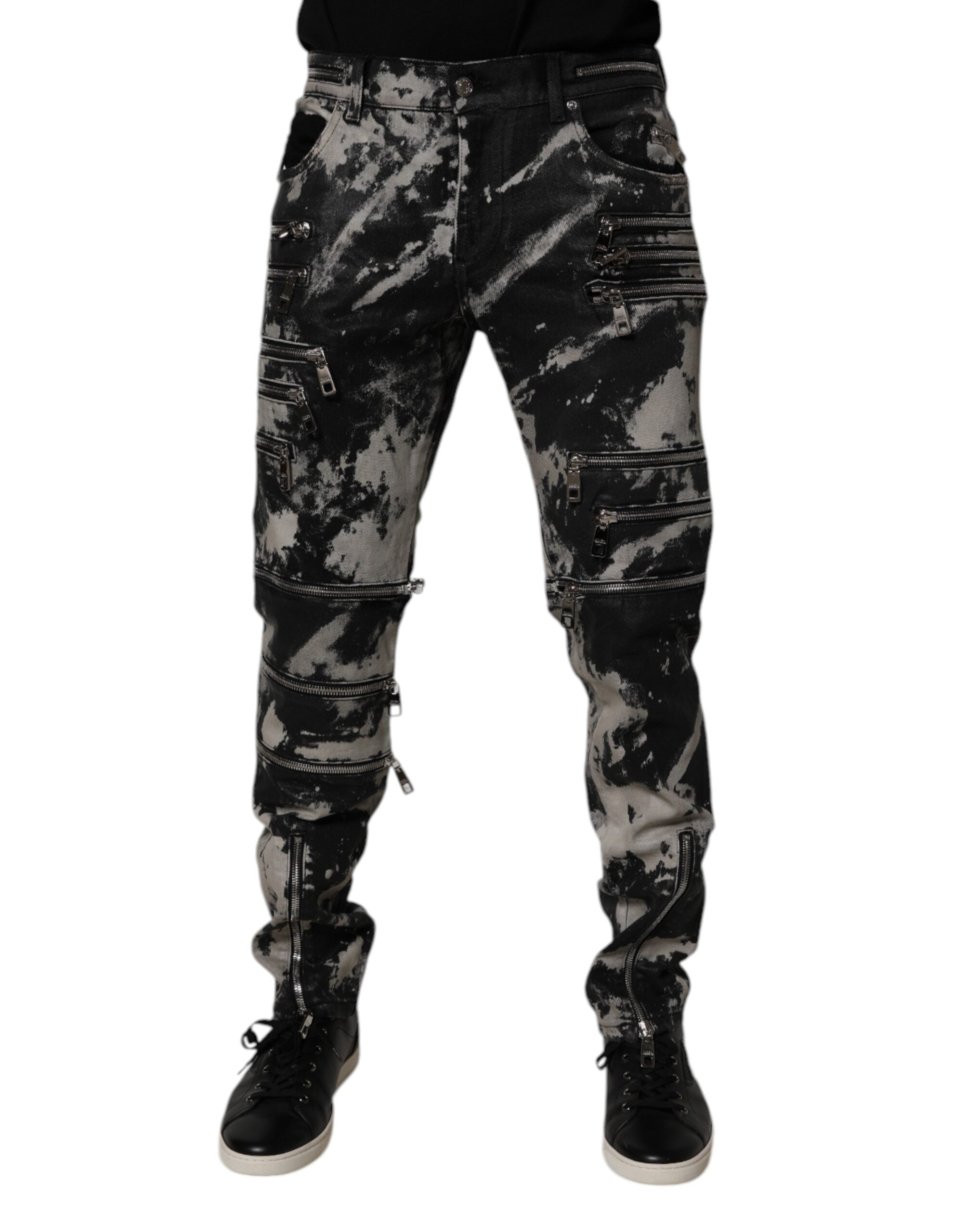 Blugi skinny Dolce &amp; Gabbana negri cu fermoar din bumbac, vopsiți în stil tie-dye