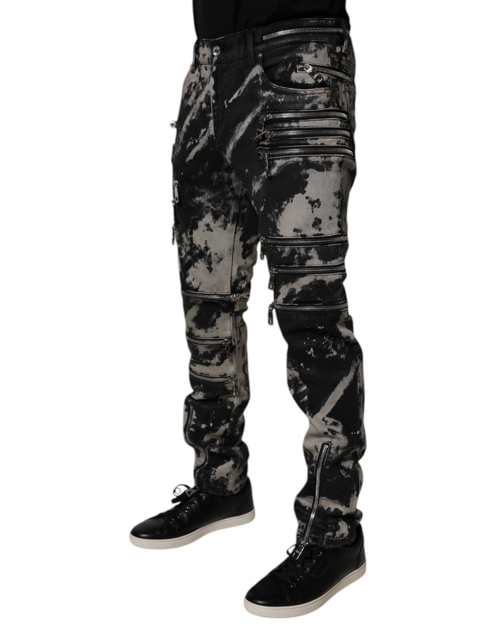 Blugi skinny Dolce &amp; Gabbana negri cu fermoar din bumbac, vopsiți în stil tie-dye