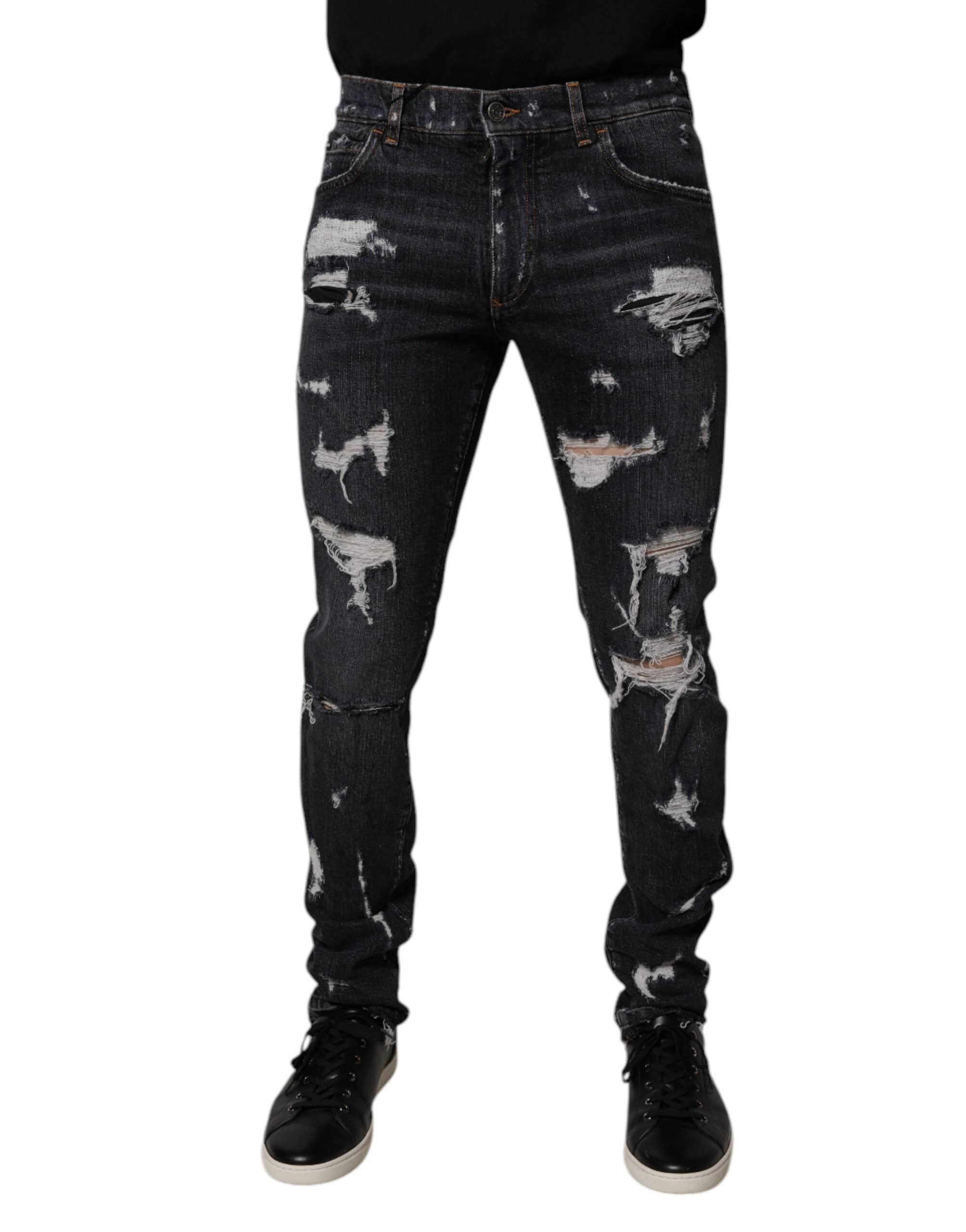 Blugi skinny Dolce &amp; Gabbana negri din bumbac zdrențuit pentru bărbați