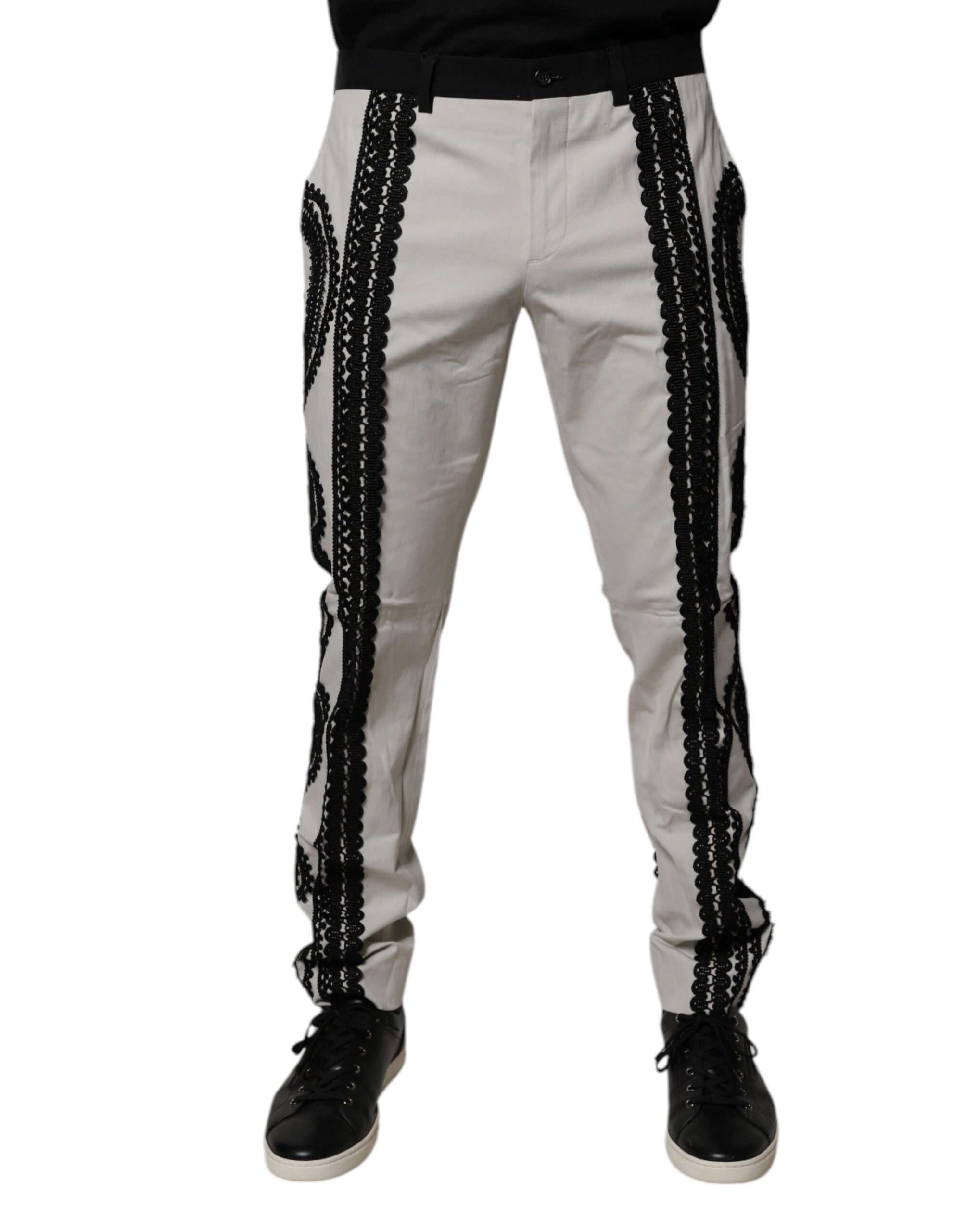 Pantaloni eleganți cu talie medie, model Dolce &amp; Gabbana, din dantelă albă