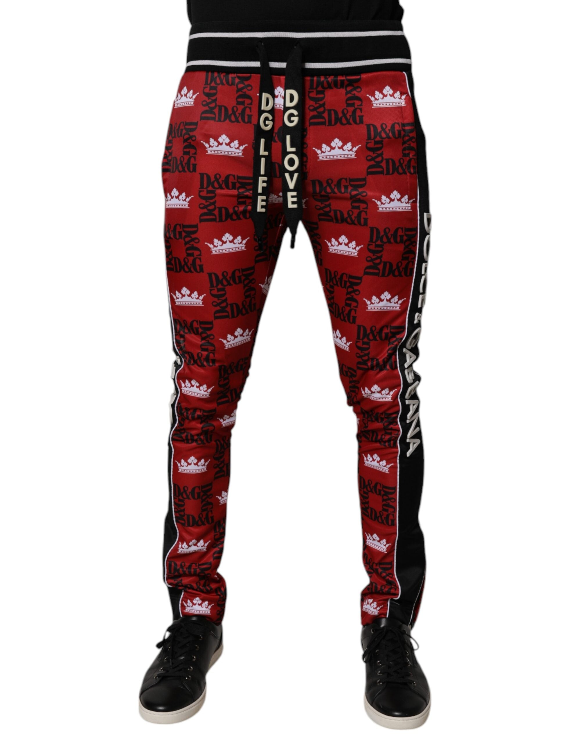 Dolce &amp; Gabbana Pantaloni de trening pentru bărbați cu monogramă și logo coroanei roșii