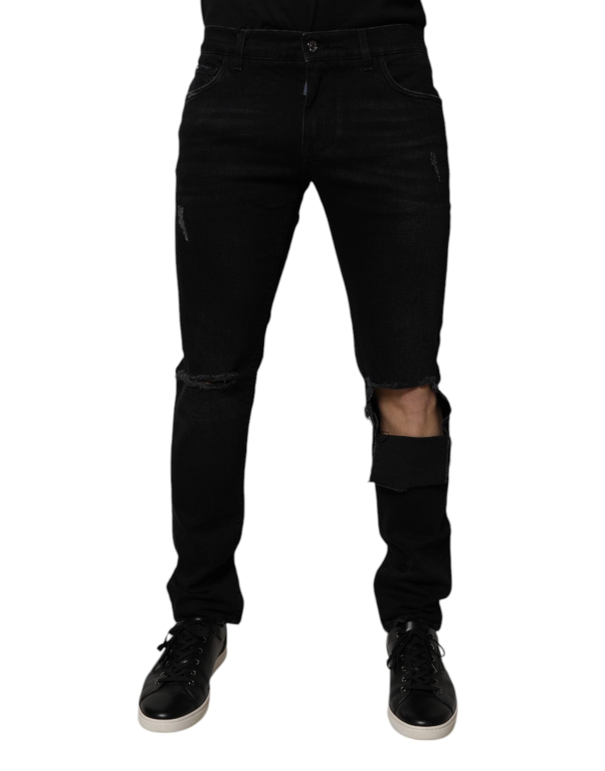 Blugi skinny Dolce &amp; Gabbana negri cu rupturi din bumbac pentru bărbați