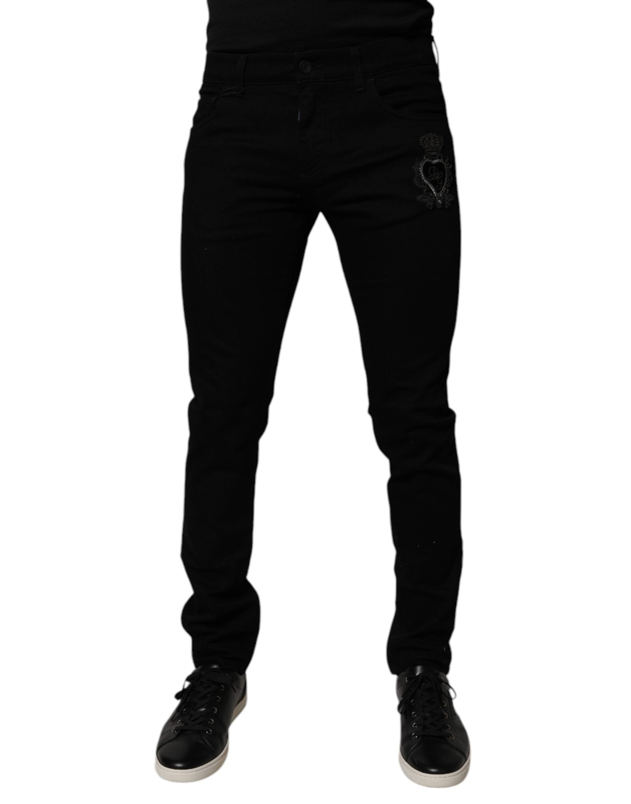 Blugi skinny Dolce &amp; Gabbana negri cu imprimeu Sacred Heart din bumbac