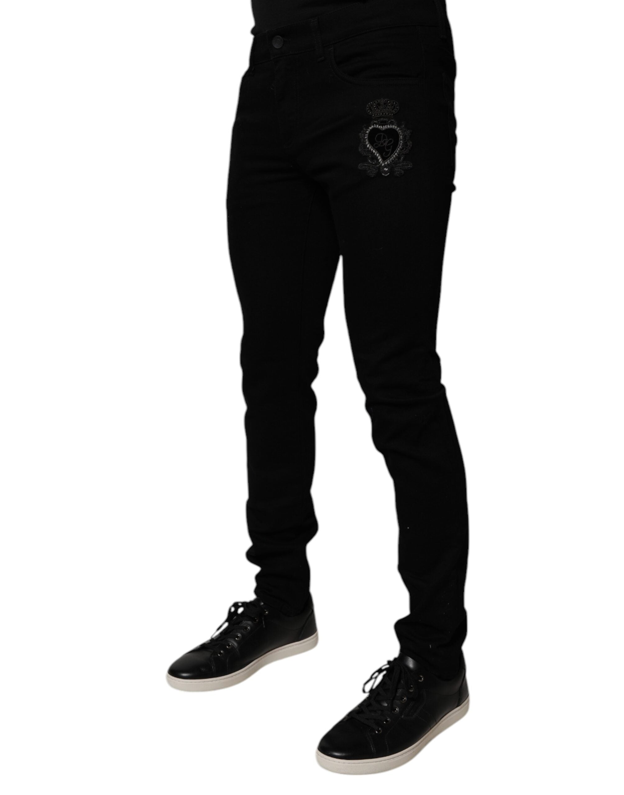 Blugi skinny Dolce &amp; Gabbana negri cu imprimeu Sacred Heart din bumbac