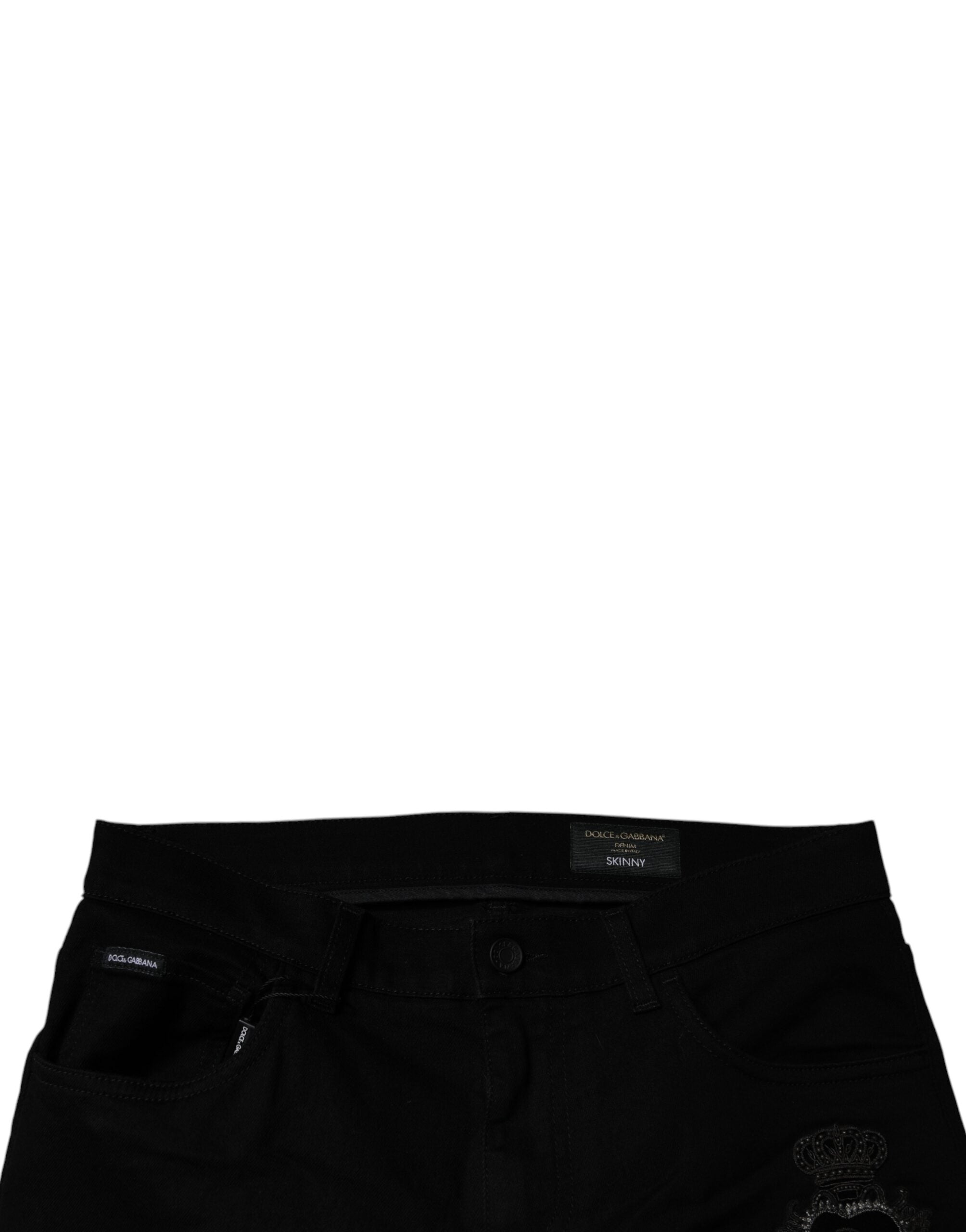 Blugi skinny Dolce &amp; Gabbana negri cu imprimeu Sacred Heart din bumbac