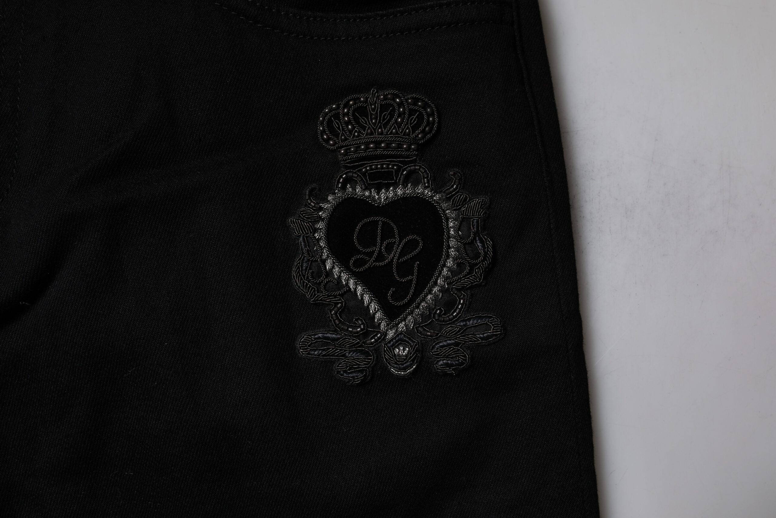 Blugi skinny Dolce &amp; Gabbana negri cu imprimeu Sacred Heart din bumbac