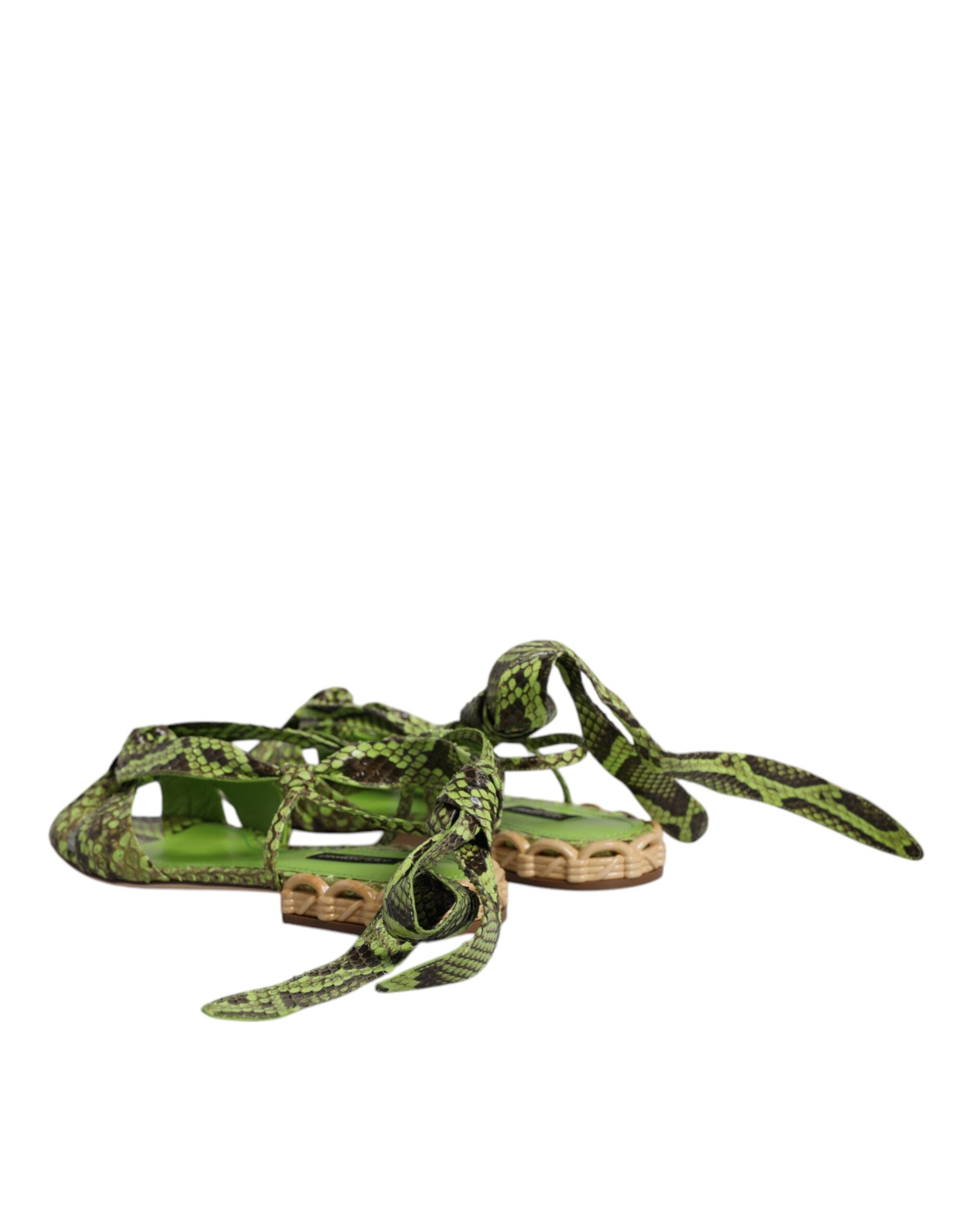 Sandale Dolce &amp; Gabbana verzi cu imprimeu animal print și înfășurări la gleznă