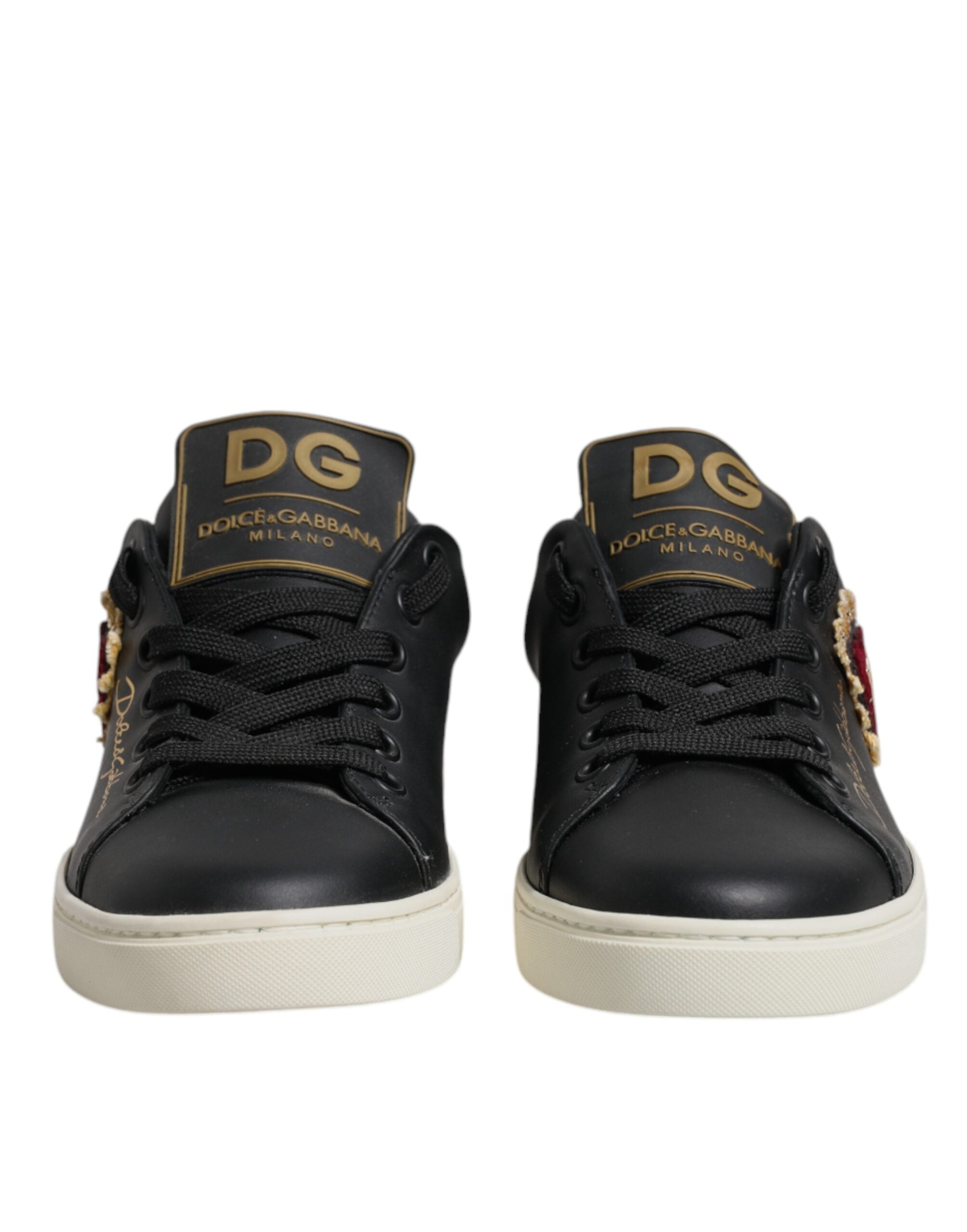 Dolce &amp; Gabbana Schwarze Lederschuhe mit goldenem und rotem Herz