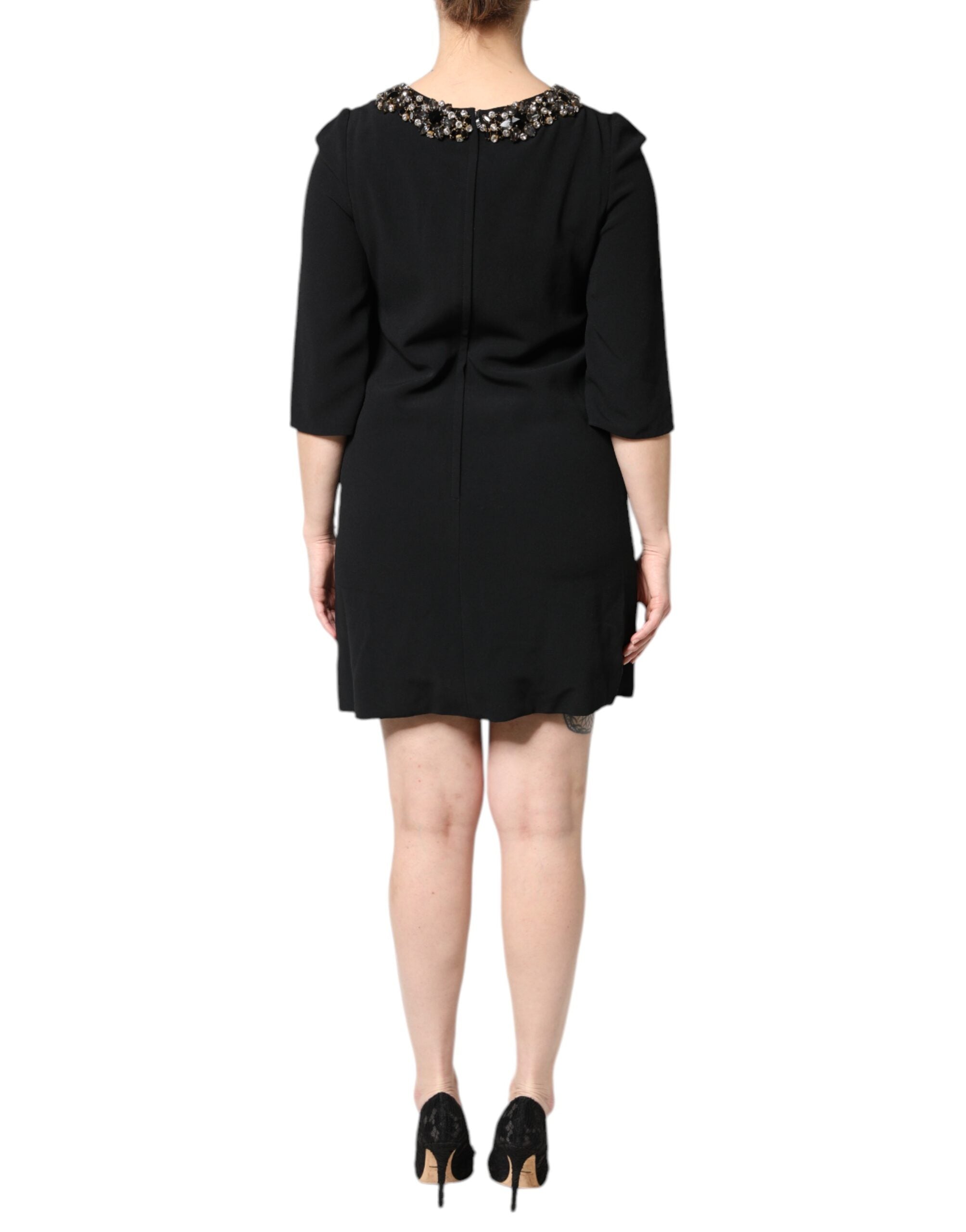 Rochie mini Dolce &amp; Gabbana neagră cu cristale și decolteu rotund