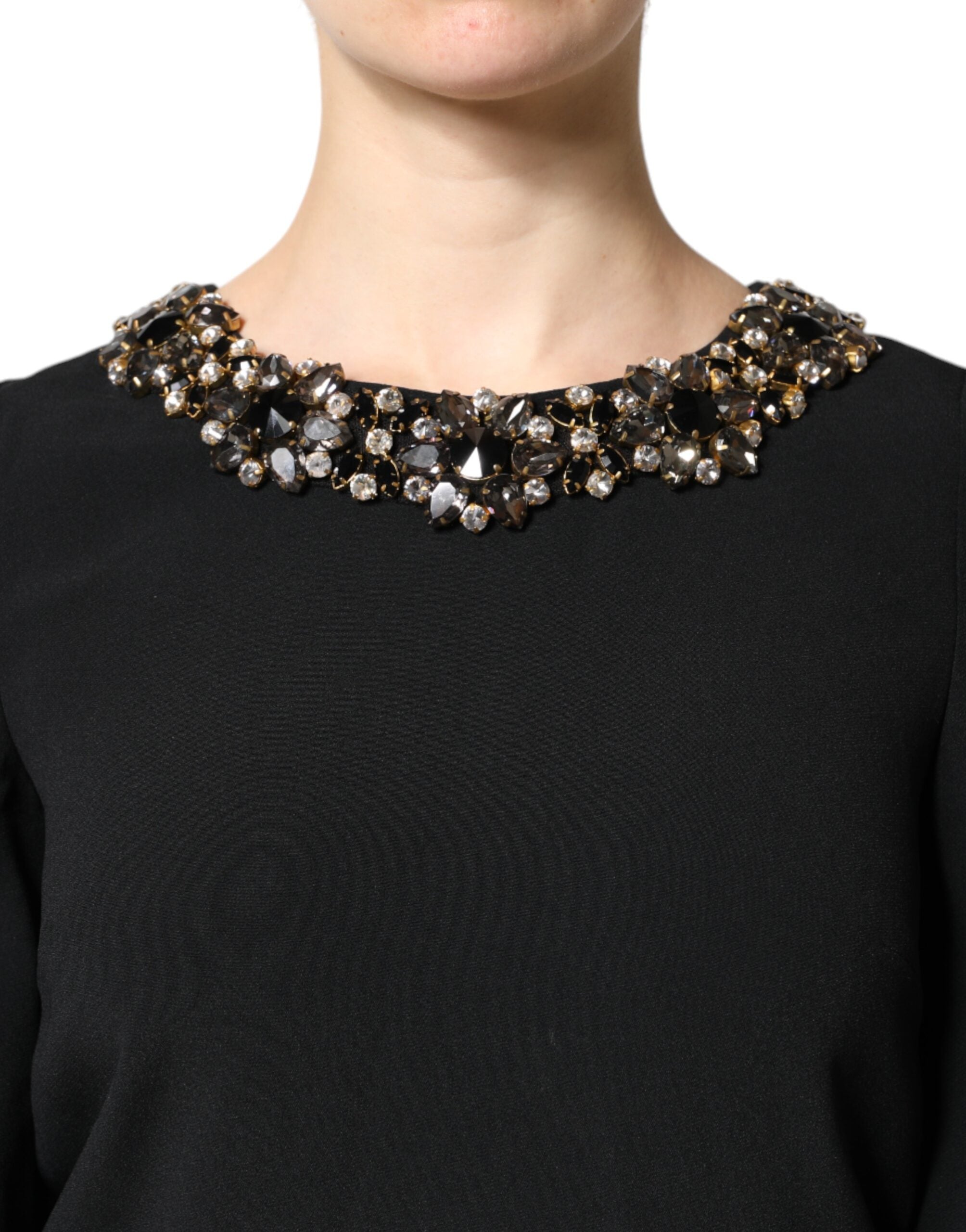 Rochie mini Dolce &amp; Gabbana neagră cu cristale și decolteu rotund